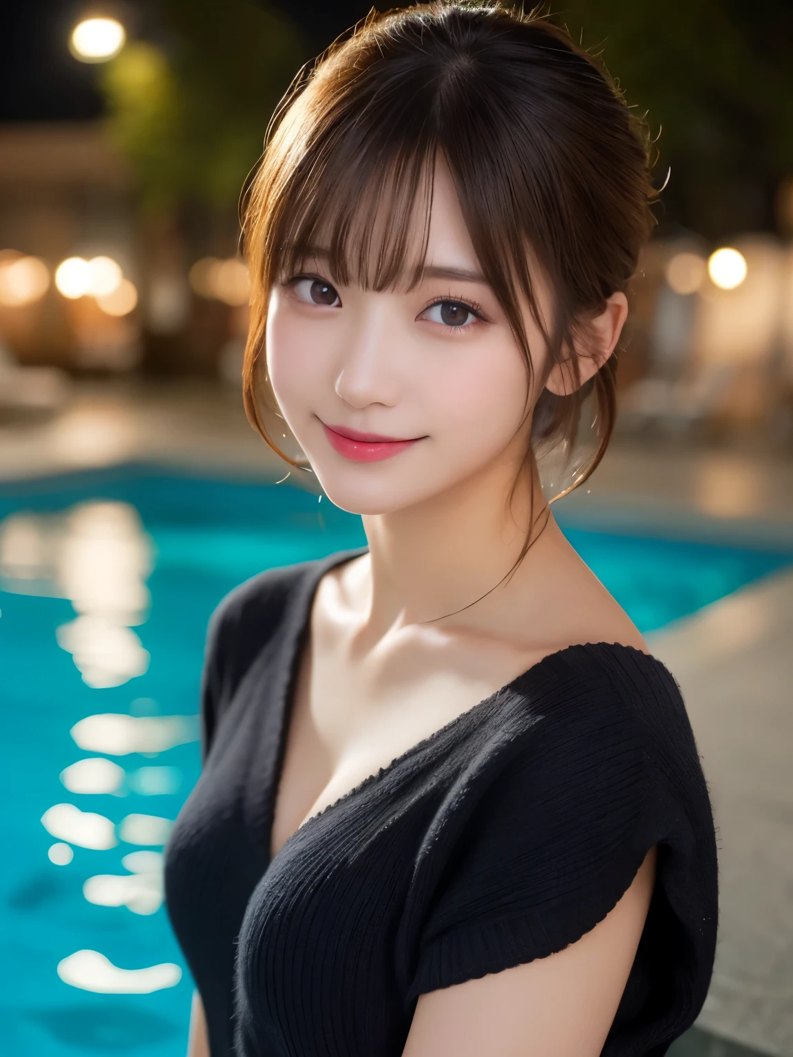 masutepiece, Best Quality, Illustration, Ultra-detailed, finely detail, hight resolution, 8K Wallpaper, Perfect dynamic composition, Beautiful detailed eyes, doress, short Hair, mid-chest, Natural Color Lip, Random and sexy poses,Smile, Blurred night pool background、20 years girl、Colossal 、Too much exposure、No shoulder knitwear(black)、Exposing the chest、Slid、I keep my hair tied up