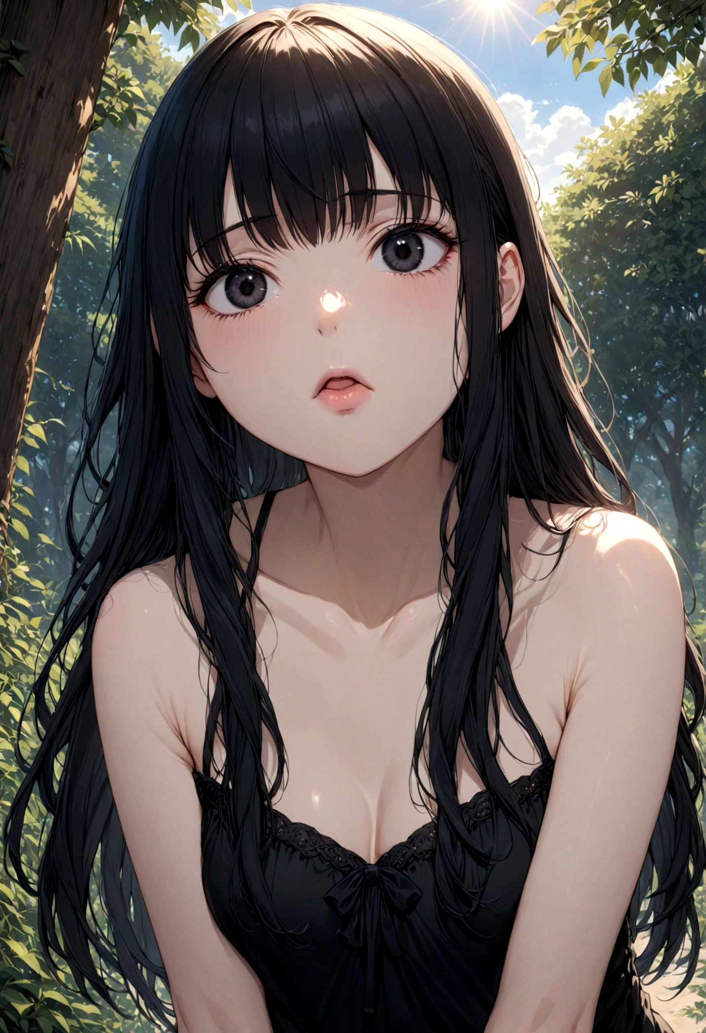 detailed, (masterpiece:1.2), (pale_skin:1.2), (alone:1.2), (woman), thin, (Shine_eye), Long Hair, bangs, Black Hair, Outdoor, No sleeve, black eye,、eyeの間の毛、Naughty look、mocking expression、eyeが光る