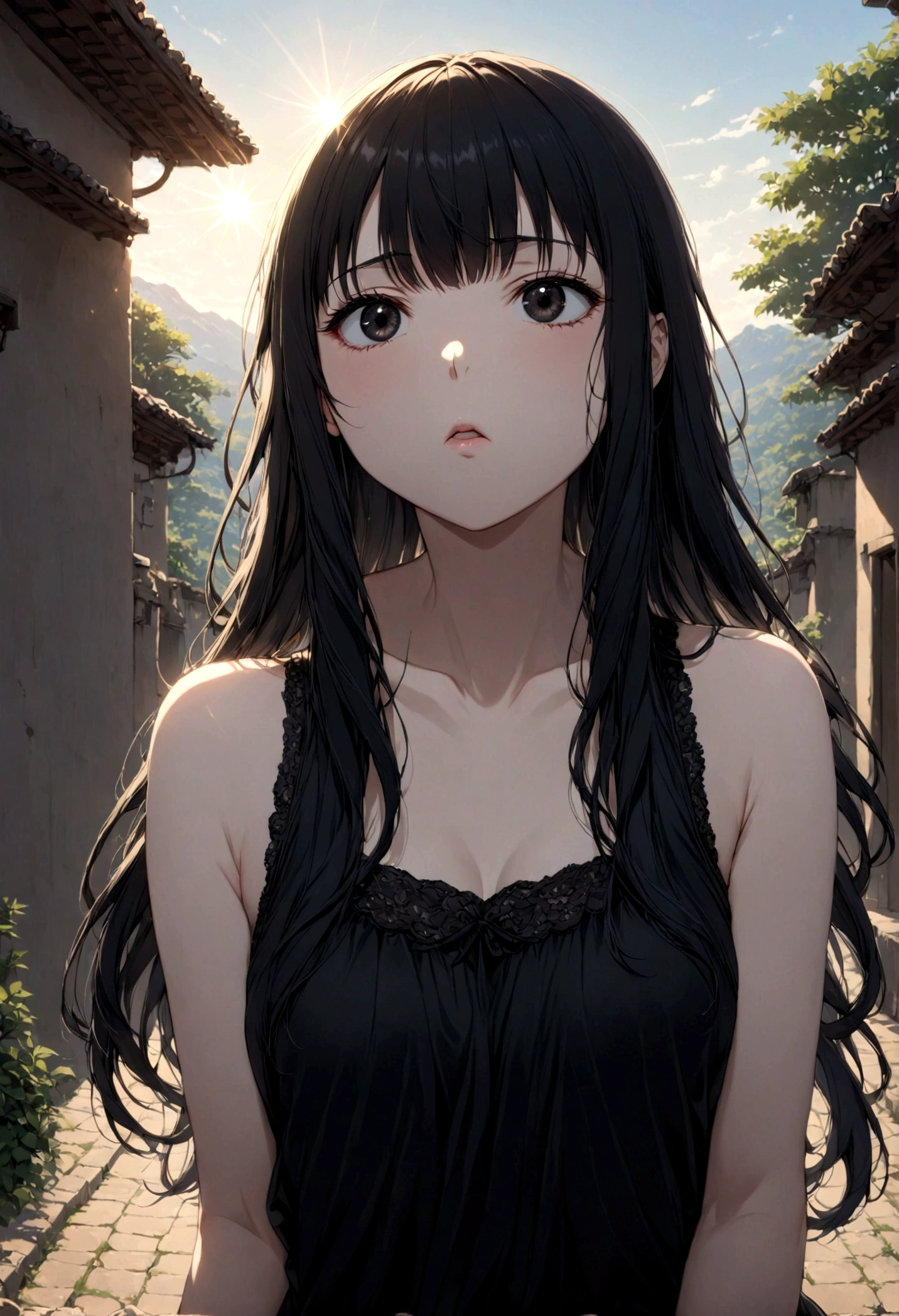 detailed, (masterpiece:1.2), (pale_skin:1.2), (alone:1.2), (woman), thin, (Shine_eye), Long Hair, bangs, Black Hair, Outdoor, No sleeve, black eye,、eyeの間の毛、Naughty look、mocking expression、eyeが光る