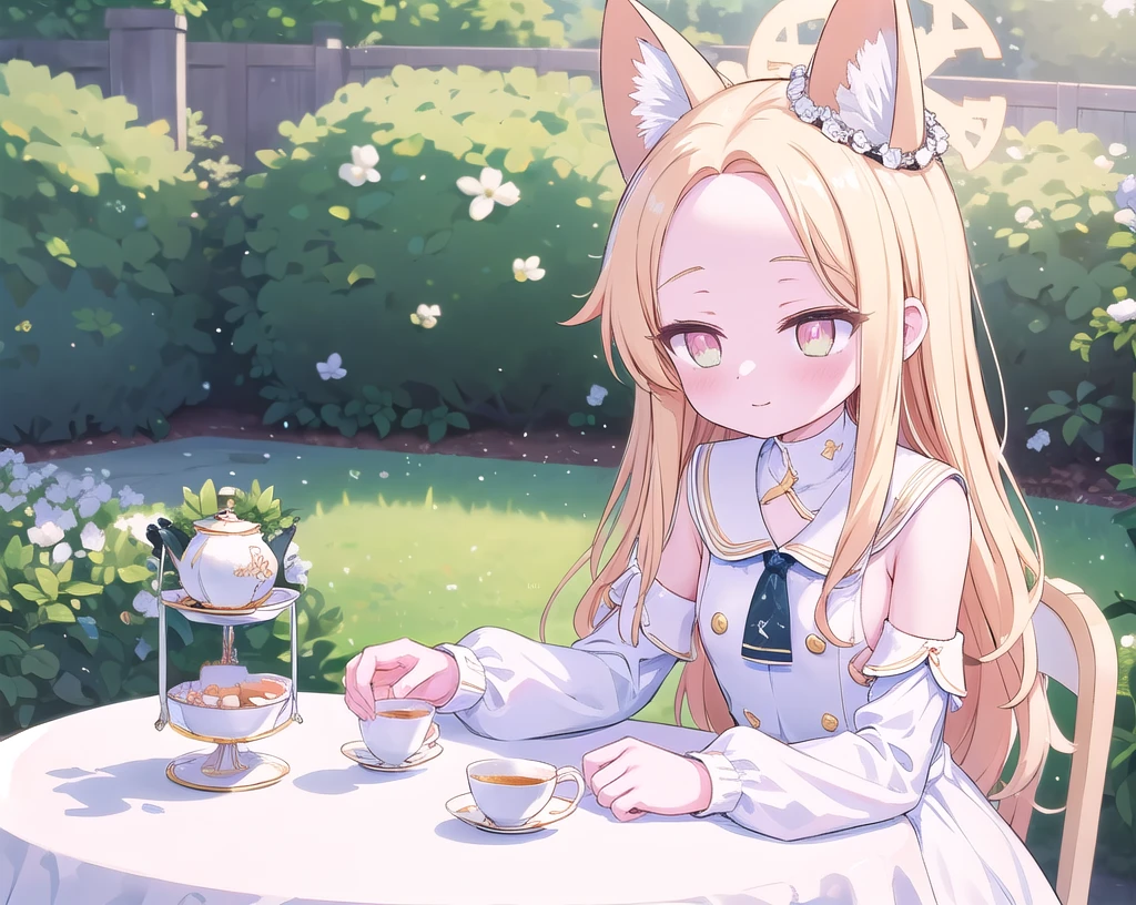 yurizon seia,Halo,Very detailed, Absurd, Ultra-high resolution, Super detailed, highest quality,
One girl, alone, Nice hands, Perfect hands,
break,Beautiful garden,White table,Small breasts,Tea cup,Happy expression