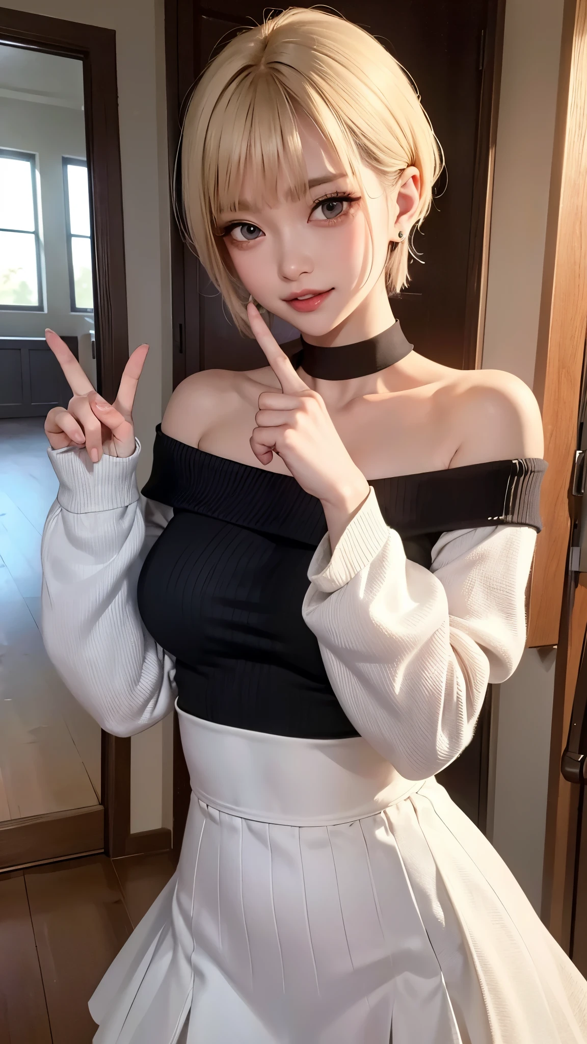 1 Girl、solo、masterpiece,highest quality,High resolution,Very detailed, skinny,Black Choker,Earrings,Big cleavage、Off-the-shoulder tight sweater dress,

 Cute pose、(((Open your mouth))), Heavy breathing , (aheghentai face:1.5), 
Blonde pixie short hair、
(((Accurate 5-finger)))、Accurate human body、The perfect human body、((Captivating smile ))、

entrance、indoor、open the door、Detailed Background、