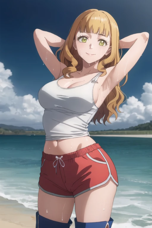 ((best quality)),((highly detailed)), masterpiece, absurdres, detailed face, beautiful face,(detailed eyes, deep eyes),((dynamic pose)),  1girl, Mimosa,, long hair, boots, orange hair, green eyes,  wavy hair, blunt bangs, looking at viewer, tank top, dolphin shorts, anime, closed_mouth, night sky, beach, arms behind head, spread armpits, contrapposto, (cowboy shot:1.5),  smile, wet armpits,saliva,mouth