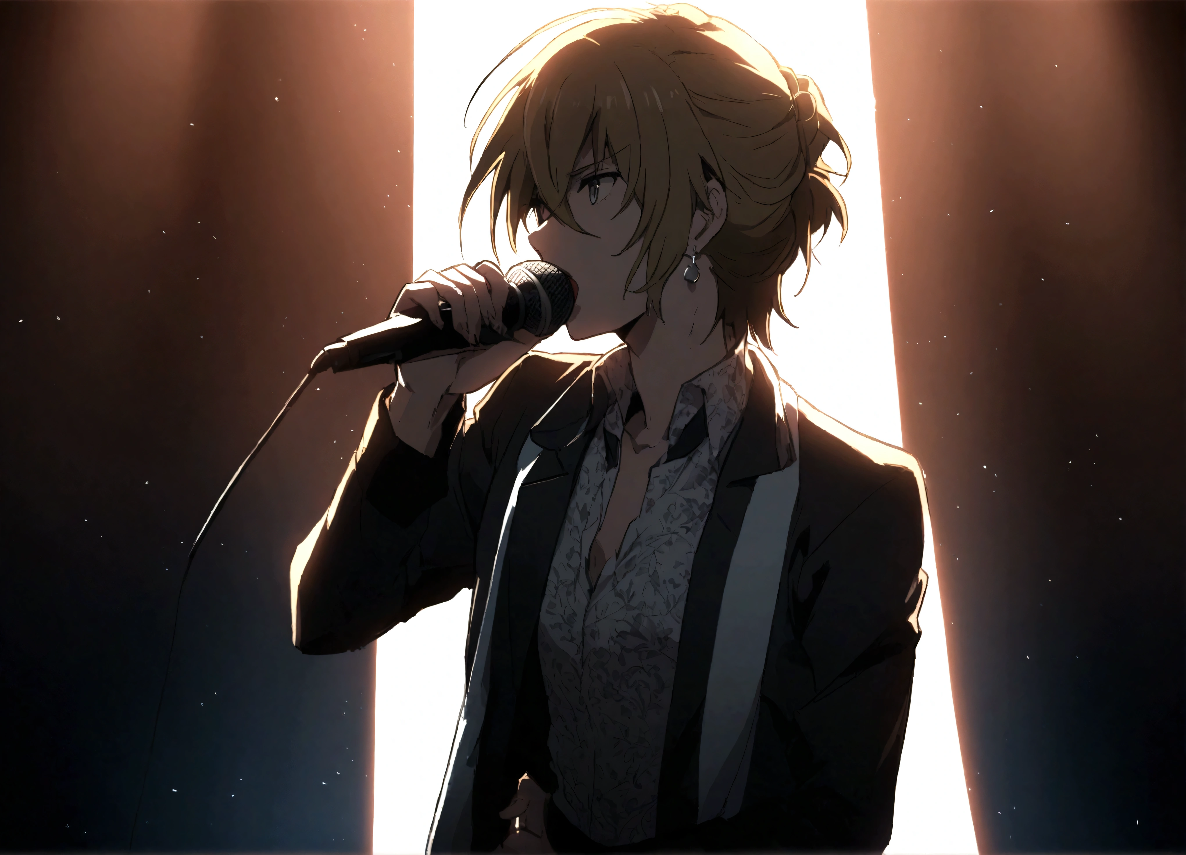 A young and handsome rock singer singing live in anime style.