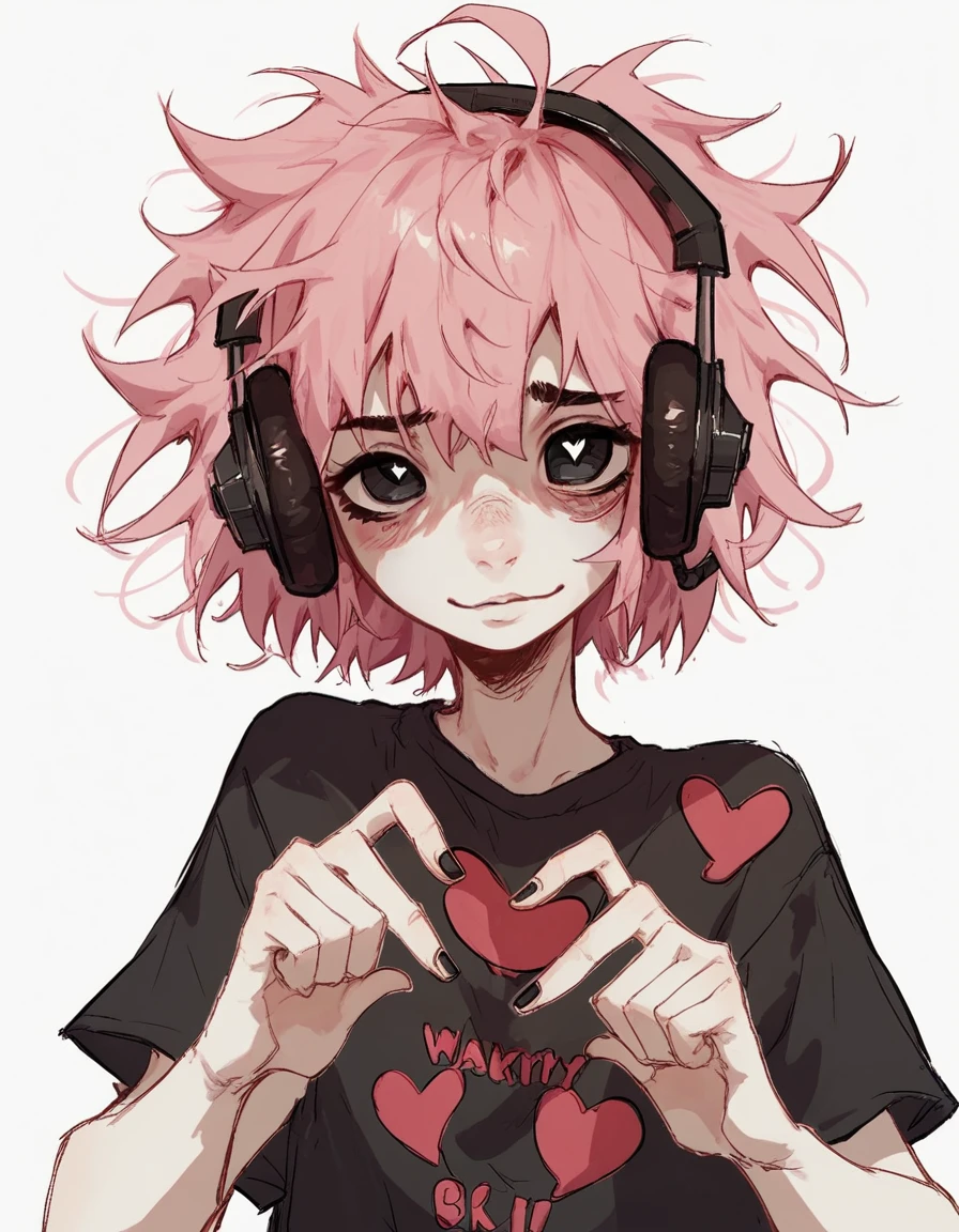 1girl, shirt grunge, sketchy lines, messy hair, pink hair, headphones, black pupils, score_8_up, score_9_up, heart hands