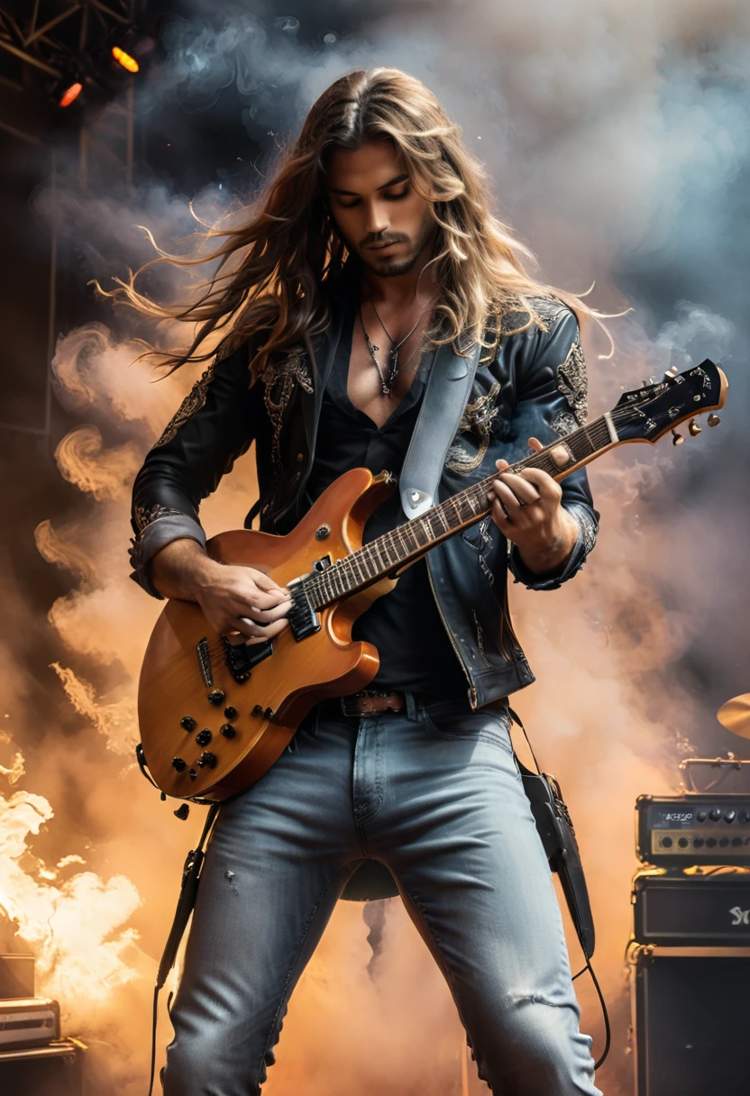 realism, a powerful guitarist playing on a stage filled with smoke. His long hair sways to the rhythm of the music, and his hands glide over the strings of the electric guitar, as if he is a music warrior fighting against the world. The background is the stage of a rock music festival, (masterpiece, best quality, Professional, perfect composition, very aesthetic, absurdres, ultra-detailed, intricate details:1.3)