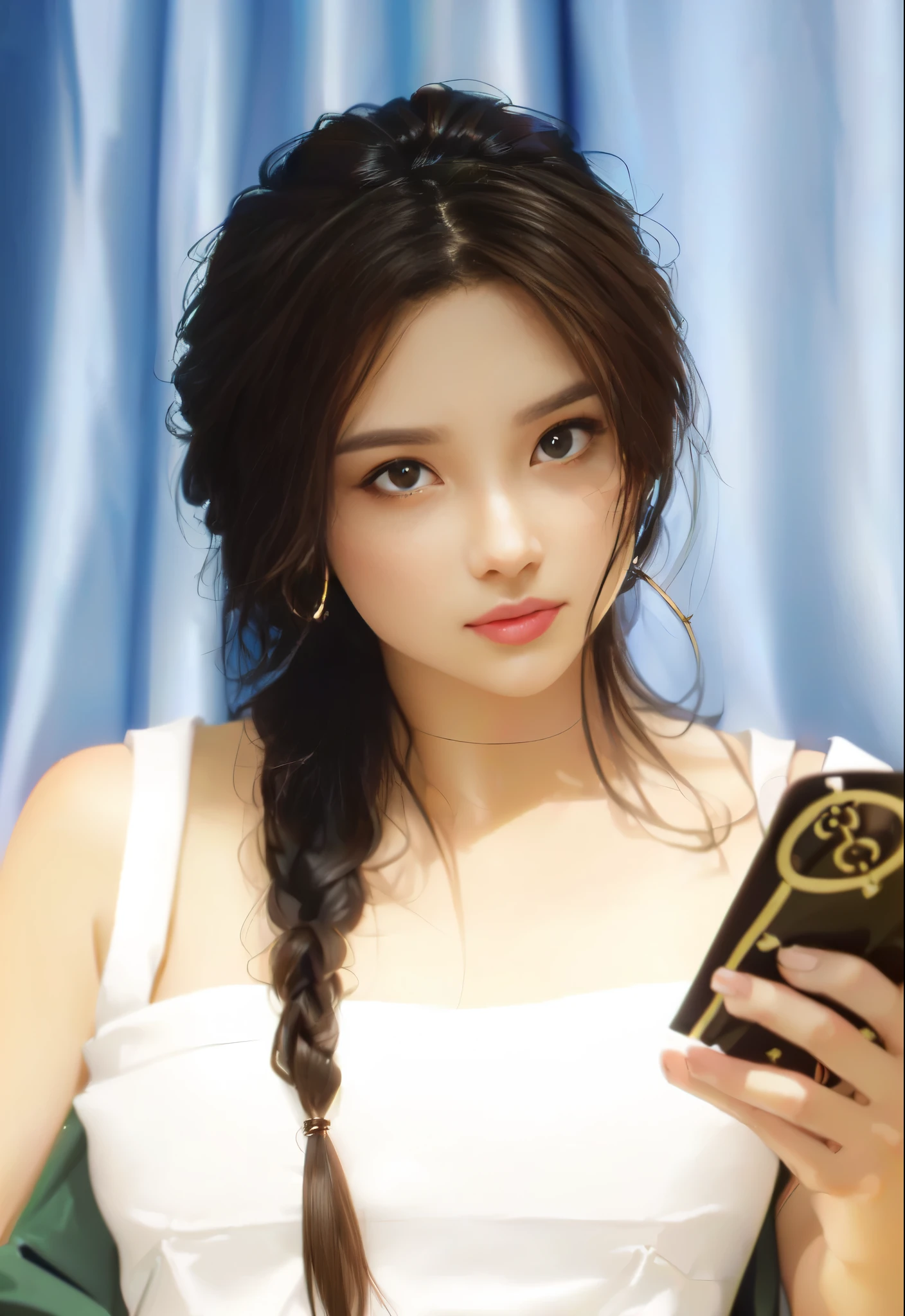 The environment is mysterious and elegant, Model, High contrast required, Jewelry, earrings, miniskirt, shirt, Jacket, brown hair, 白shirt, A bracelet, Hair Bun, single Hair Bun, long skirt, Shut up, Hoop Earrings, blue Jacket, roll up sleeves, Revealing clothes, cosmetic, White Skirt
