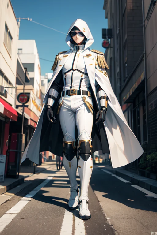 ((mejor calidad)), ((obra maestra)), (detallado), 1 boy in a trench coat standing on a building, full body, 19 years old, masked, white mask covering his entire head, black goggles, black face mask, tall and slender, very thin, long beige trench coat, open trench coat showing his emblem, black fingerless gloves, white wristbands, white suit, completely white chest, luminous pink letter "I" emblem on the chest, letter I, black pants, white knee pads, metallic white shoes, superhero belt, nanotechnology in the air, city background, anime