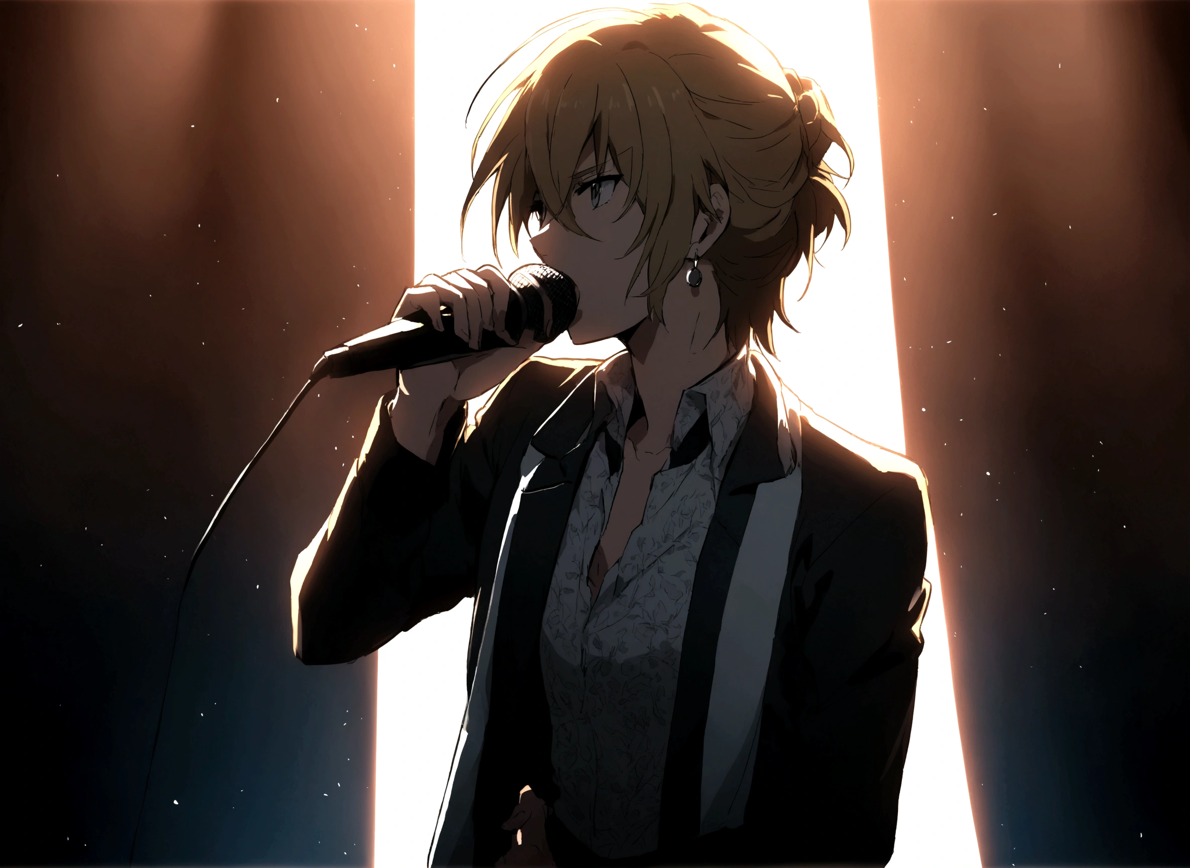 A young and handsome rock singer singing live in anime style.
