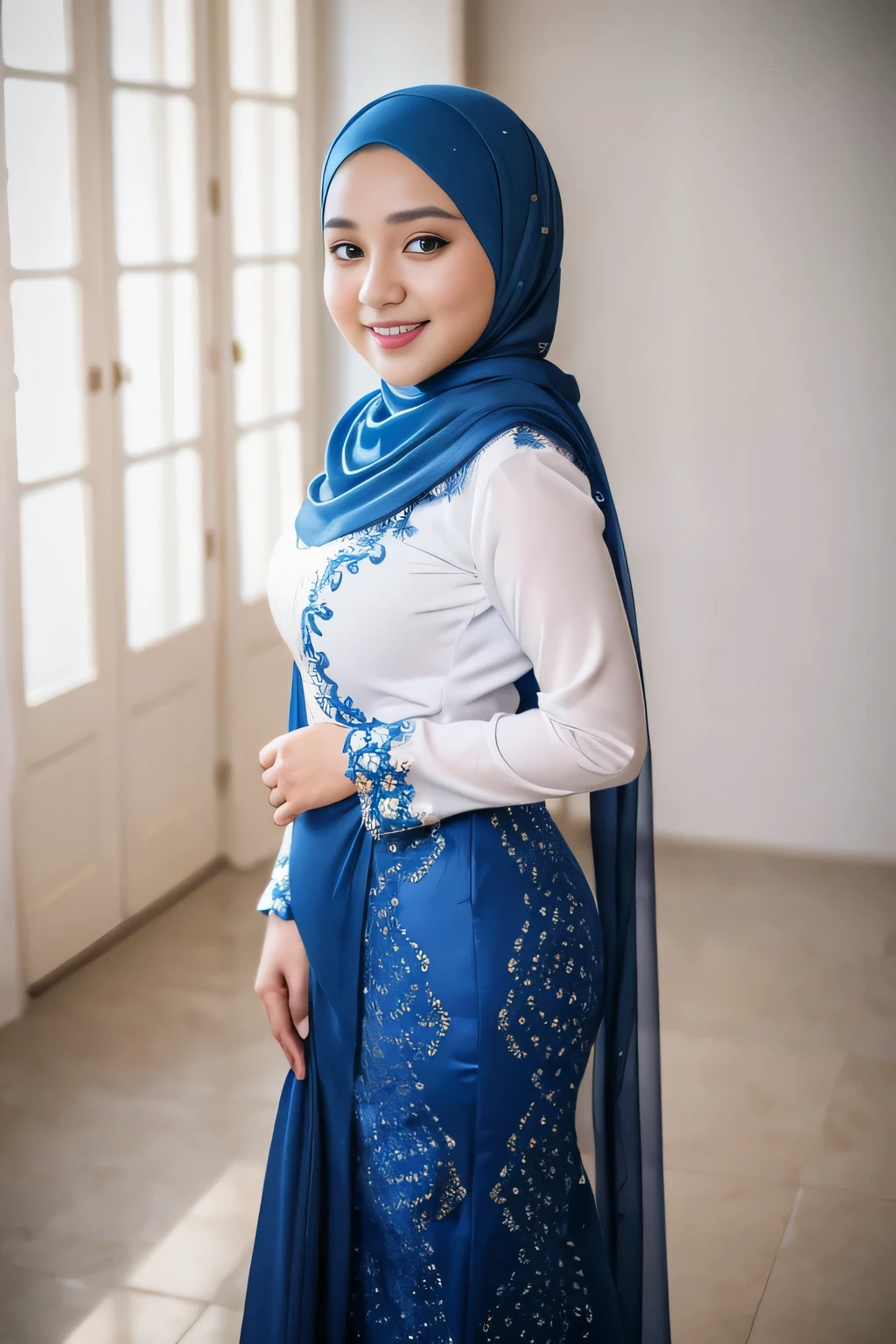 Beautiful, cute baby Face, ************ russian muslim girl, (wearing blue hijab), full hijab, sexy long sleeves kebaya dress, slightly Chubby , White Skin, Smiling, porn studio Background, day light,mid shot, full body, Perfect Potrait, Bokeh Effect, Look at Viewer, small breast, ((adorable:1.2)), ((masterpiece:1.1)), ((bokeh:1.2)), buttocks,(naughty seductive poses)