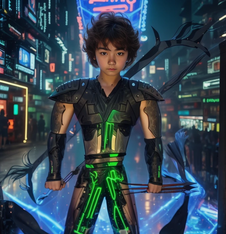 Full-length hyperrealistic photograph of a 1 boy, 20 years old, cyberpunk archer, with cyberpunk technological armor, neon lights effects, energy bow, energy arrows, short brown hairs, masterpiece, photorealistic, raw camera, uhd, 8k