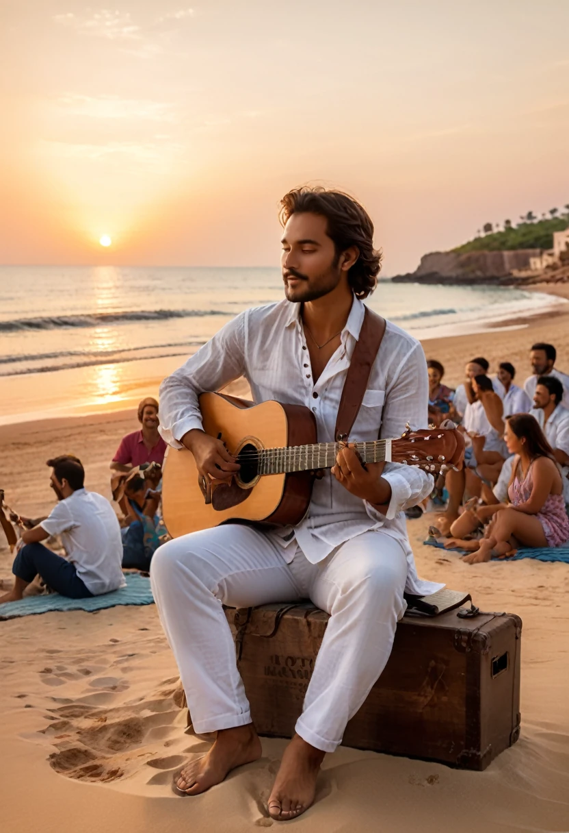 a gentle guitarist sitting on the beach under the sunset, wearing a cotton and linen shirt, softly singing his own folk songs. Surrounded by a group of listeners attracted by the music, they sit on the beach, enjoying the tranquility brought by the sea breeze and music. The background is the beach under the sunset, (masterpiece, best quality, Professional, perfect composition, very aesthetic, absurdres, ultra-detailed, intricate details:1.3)