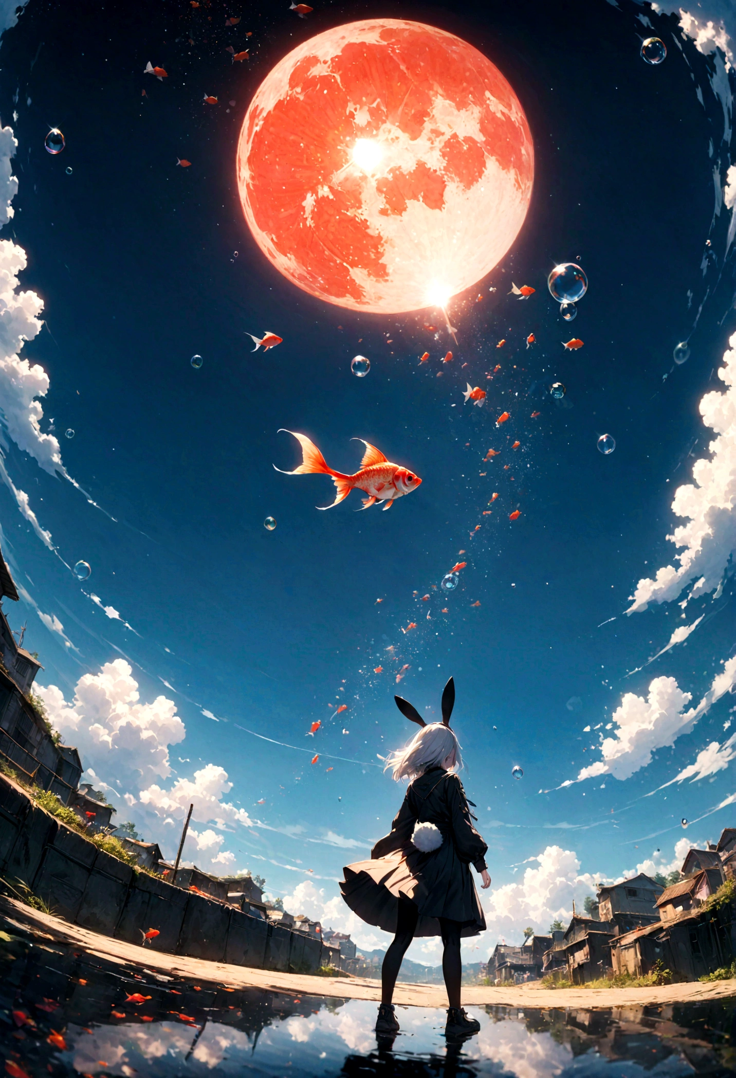 woman\(student, ＪＫ, Short silver hair floating, Space-colored eyes, black , Pale skin, Tired face、lack of shine in the eyes\) Looking up at the sky, Many cute little goldfish with shining red scales are swimming in the air, Transparent bubbles, like those in water, sparkle here and there in the sky., Beautiful sky, Beautiful Clouds, there are puddles at ground and the landscape is reflecting beautifully, Looking up at the wide sky from the cramped back alleys of the slums, Summer flowers are blooming everywhere, I see the wind blowing and shining, There is a noon moon and a noon star in the sky,From below, break ,quality\(8k,非常に精細なCGユニットのwallpaper, masterpiece,High resolution,top-quality,top-quality real texture skin,Surreal,Increase the resolution,RAW Photos,最高quality,Very detailed,wallpaper,Cinema Lighting,Ray-tracing,Golden Ratio\),(Long Shot),Wide Shot,landscape,arched back、looking back、flustered、It has a rabbit tail、Bunny ears、Red eyes
