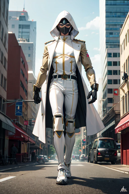 ((mejor calidad)), ((obra maestra)), (detallado), 1 boy in a trench coat standing on a building, full body, 19 years old, masked, white mask covering his entire head, metal head, black goggles, black face mask, tall and slender, very thin, long beige trench coat, open trench coat showing his emblem, black fingerless gloves, white wristbands, white suit, completely white chest, luminous pink letter "I" emblem on the chest, letter I, black pants, white knee pads, metallic white shoes, superhero belt, nanotechnology in the air, city background, anime