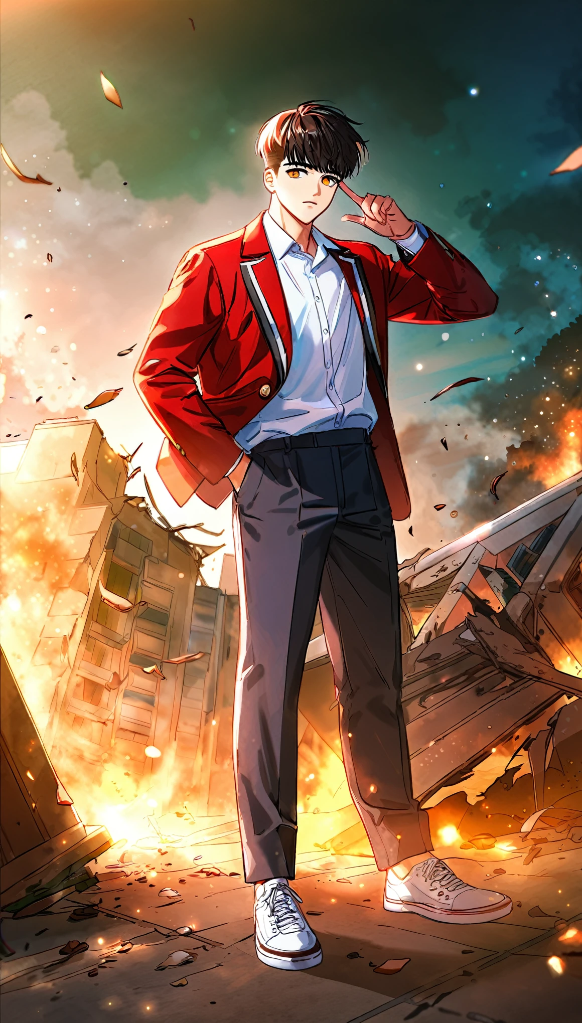 1boy,amber eyes,black taper haircut, grey and red student uniform,destroyed,Seoul,Korea,8K,Masterpiece,full body,look at camera,best quality, amazing quality, best aesthetic, absurdres, year 2023.