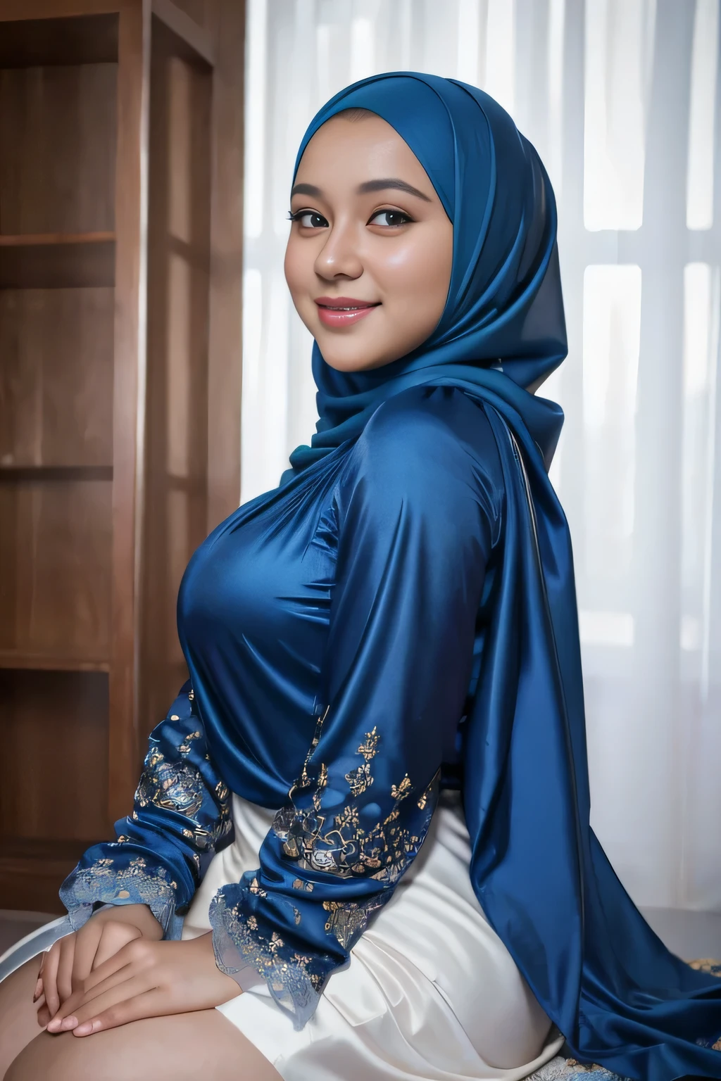 Beautiful, cute , 16 Years muslim girl, (wearing blue hijab), full hijab, sexy long sleeves kebaya dress, slightly Chubby , White Skin, Smiling, porn studio Background, day light,mid shot, full body, Perfect Potrait, Bokeh Effect, Look at Viewer, small breast, ((adorable:1.2)), ((masterpiece:1.1)), ((bokeh:1.2)), buttocks,(naughty seductive poses)