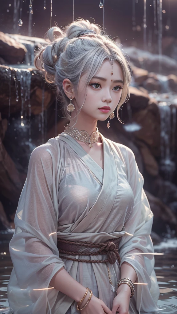 (RAW shooting, 32k:1.5, highest quality, masterpiece, Ultra-high resolution), (Night outdoors, Dramatic moonlight:0.9, Mysterious World:1.2, Expressions of sadness:1.0), Side Shot, Fractal Art:1.3, Perfect dynamic composition:1.3, Very detailedな肌と顔の質感:1.3, Dynamic flow of water waves:1.3, Dynamic air flow:1.3, The subject is observed from a distance, elegant and sophisticated:0.5, Fair skin, Incredibly slim body:0.9, Very beautiful face, Water droplets on the skin, (Yoga Wear:1.3, Zazen pose 1.3, Meditation pose:1.3), Very accurate, Very detailed, Big eyes that exude beauty, Beautiful lips, Unreal atmosphere, Earrings, bracelet
