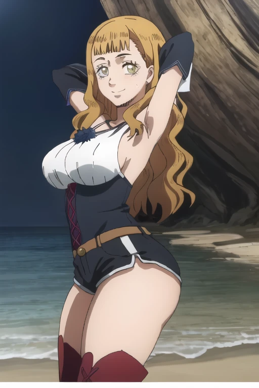 ((best quality)),((highly detailed)), masterpiece, absurdres, detailed face, beautiful face,(detailed eyes, deep eyes),((dynamic pose)),  1girl, Mimosa,, long hair, boots, orange hair, green eyes,  wavy hair, blunt bangs,large chest, large butt,looking at viewer, tank top, dolphin shorts, anime, closed_mouth, night sky, beach, arms behind head, spread armpits, contrapposto, (cowboy shot:1.5),  smile, wet armpits,saliva,mouth