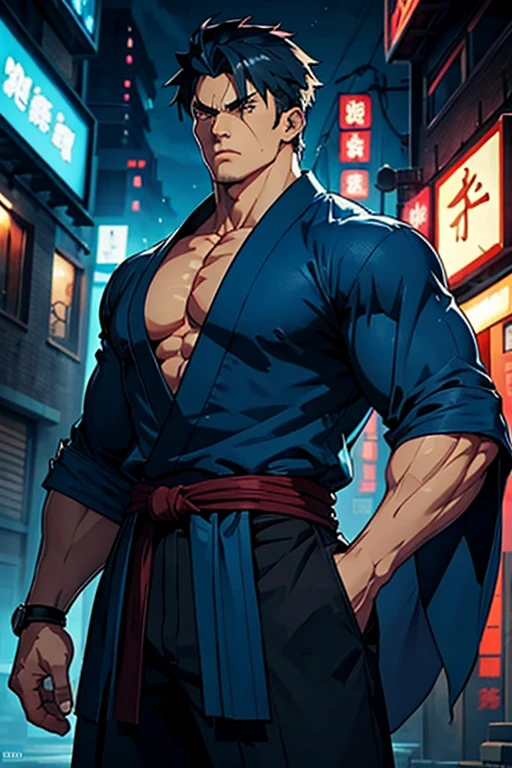 generate a strenght and muscular male street fighter game character wearing a threadbare dark blue kimono with an anime style night street at the background