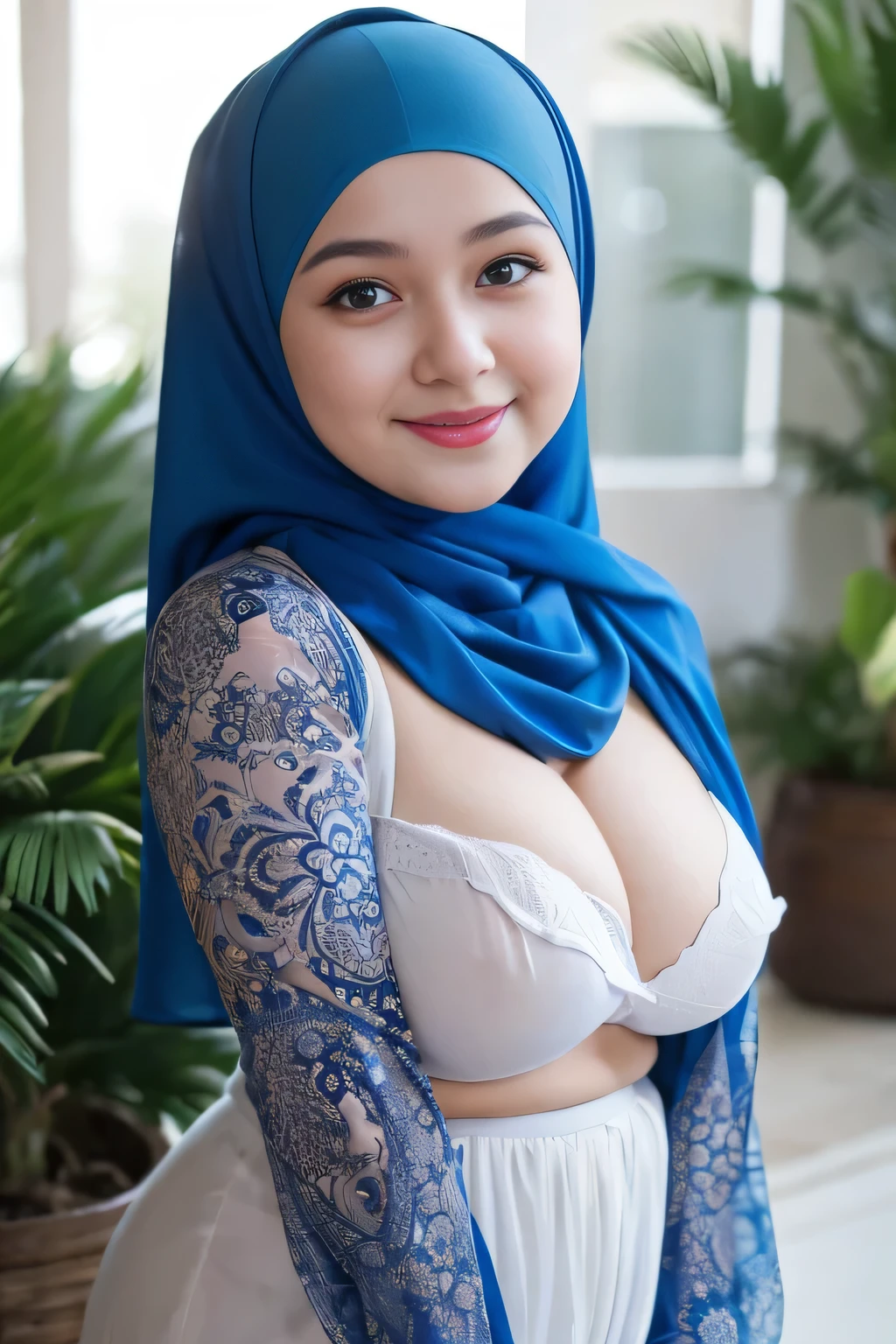 Beautiful, cute , 16 Years muslim girl, (wearing blue hijab), full hijab, sexy long sleeves kebaya dress, slightly Chubby , White Skin, Smiling, porn studio Background, day light,mid shot, full body, Perfect Potrait, Bokeh Effect, Look at Viewer, small breast, ((adorable:1.2)), ((masterpiece:1.1)), ((bokeh:1.2)), buttocks,(naughty seductive poses)