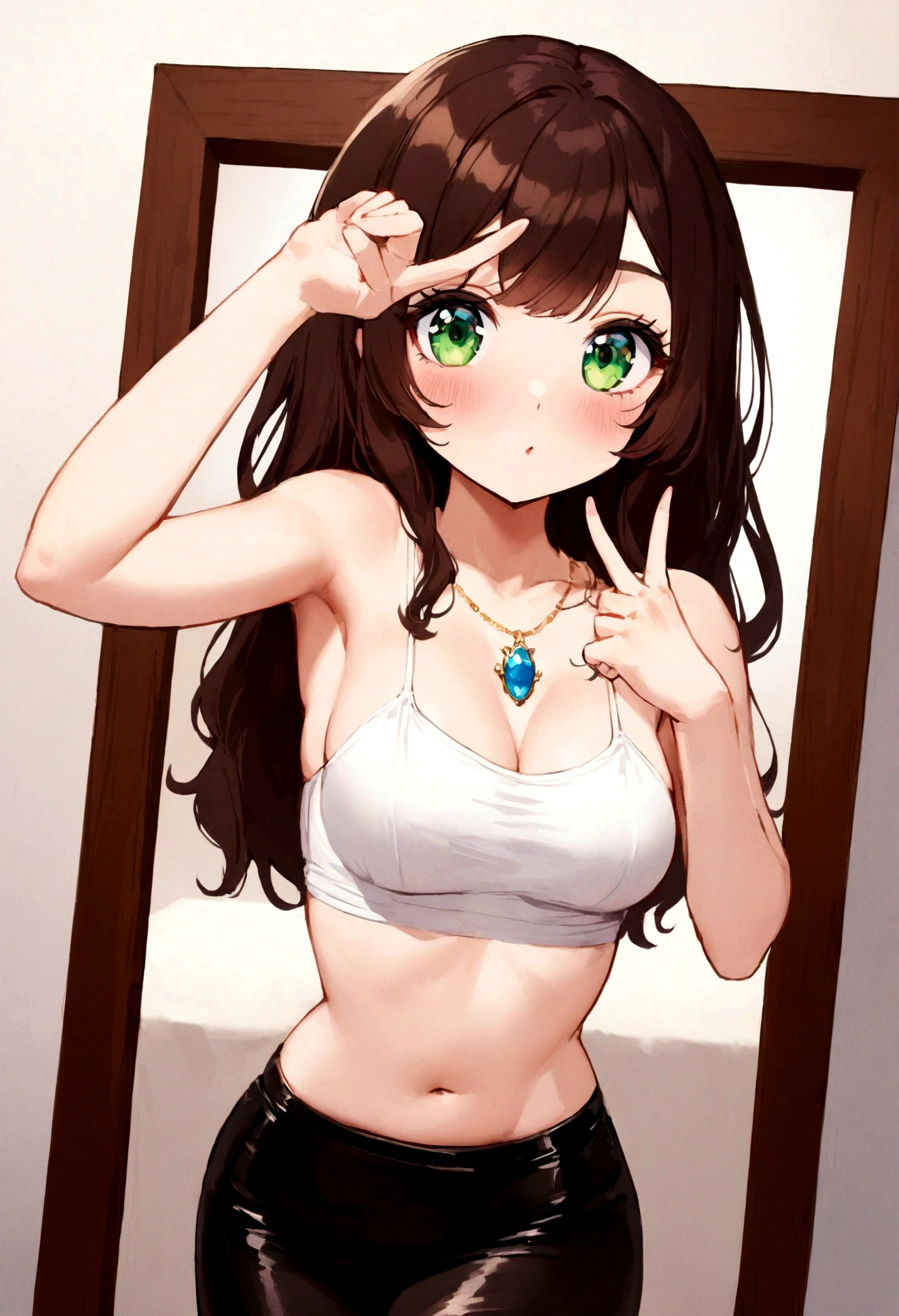 Alafed woman with white tank top and necklace, Sexy girl with green eyes, Portrait Sophie Mudd, brown hair and large eyes, selfie of a young woman, bedroom eyes, Violet Myers, without makeup, Natural makeup, Looking directly at the camera, face with artgram, subtle makeup, Stunning full-body shots, Pierced green eyes, beautiful angle, Engaging pose, Cute Girl, Sexy Pose, fully body photo, Full body, full body photographed, brunette goddess, high detailing, Satisfying Pose, leather bra, Leather skirt