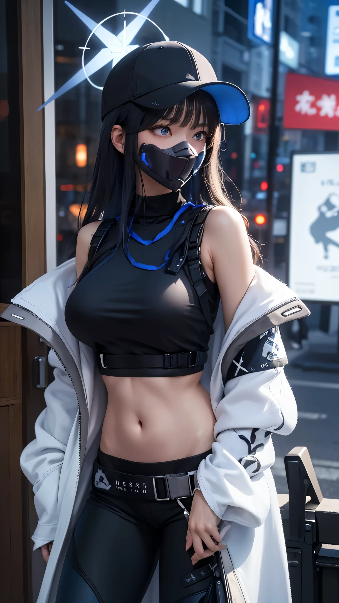 (masterpiece, best quality:1.2), solo, 1girl, saori \(blue archive\), mouth mask, looking to the side, long hair, black hair, baseball cap, halo, blue eyes, open clothes, off shoulder, coat, crop top, chest harness, black pants