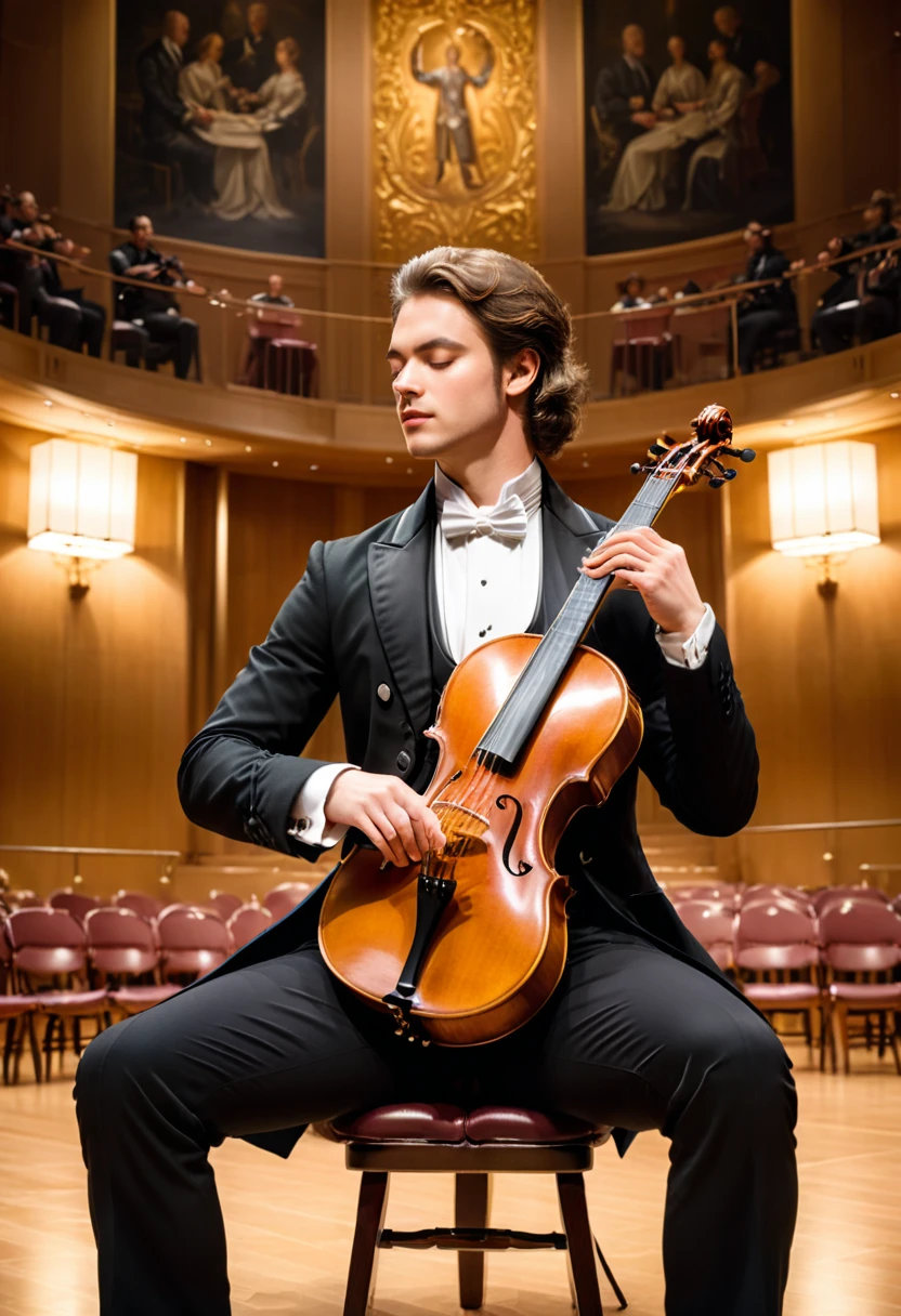A guitarist in a tailcoat is playing Bach's suite with great attention in the concert hall. He closes his eyes and immerses himself in the music, showing a deep understanding and respect for it. The background is a solemn concert hall, with soft lighting and an artistic atmosphere, (masterpiece, best quality, Professional, perfect composition, very aesthetic, absurdres, ultra-detailed, intricate details:1.3)