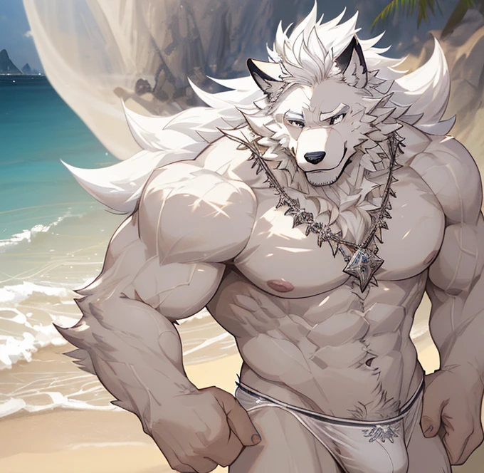 Anthropomorphic wolf,masterpiece, Solitary, Delicate face, 32 years old adult, hairy, male, Handsome, full-body shot,Strong, Very detailed, Expressive, Dramatic lighting, Epic Background, Intricate details, Ray tracing,Beach Background,white hair,White skinny briefs,Shy expression