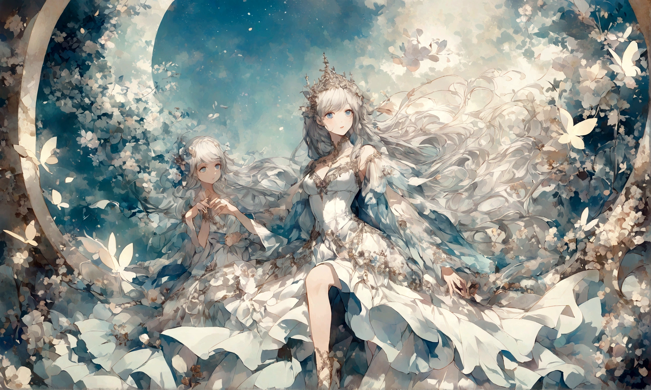 Illustration of the goddess of moonlight,Exquisite and dreamy,Mysterious Light,The night is calm,Flowing silver hair,blue eyes,It's like a fairy tale,Romantic atmosphere