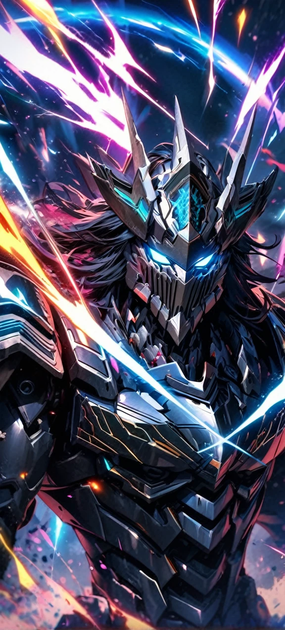 absurdres,, highres, ultra detailed, HDR, masterpiece, extremely detailed face and eyes, shinning black God Mecha armor dragon knight, Epic Mecha dragon mask,, Black hair , , solo, ,man, handsome, , , Epic fight scene, colorful splashing effect,colorful lightning effect,glowing glitters ,