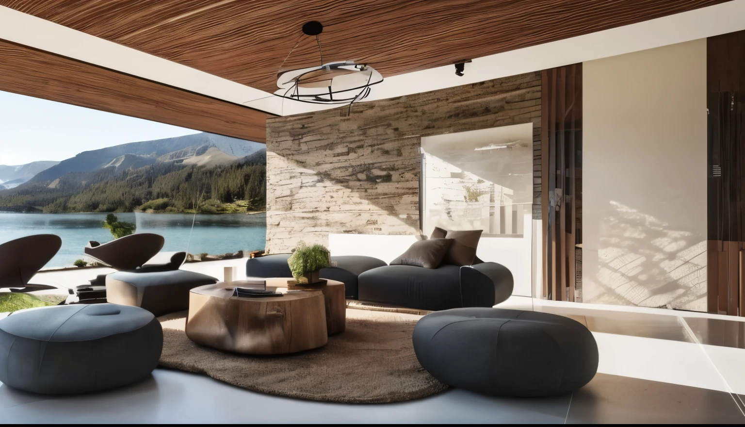 living room, Chair, footstool,coffee table,daytime,4K quality,Forest exterior,Lenses,Light and shadow rendering,Leather sofa,modern style,White wall