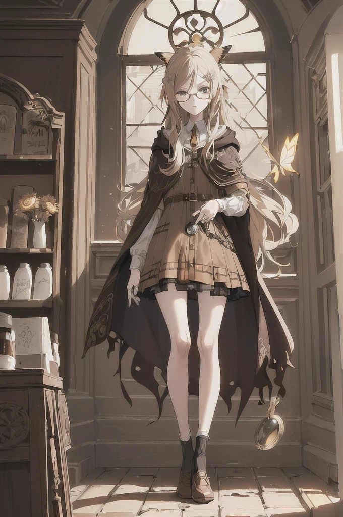 ((((dramatic))), (((gritty))), (((intense))) film poster featuring a young woman as the central character. She stood in a dusty old library, She has long, slight wave light blonde hair, She wears her hair in a half up, half down wedding style, In her hair, she has a hairpin in the shape of a small butterfly, but the butterfly is decorated with gear details, she has amber eyes, her outfit is pale brown and brown with a cosmic latte shirt inside and embroidered plaid dress in espresso color and short woolen cloak bronze color, and on her woolen cloak hangs a pocket watch, she wears a pair of knee-length socks and black shoes, she wears a pair of round glasses and frames are quite thin,