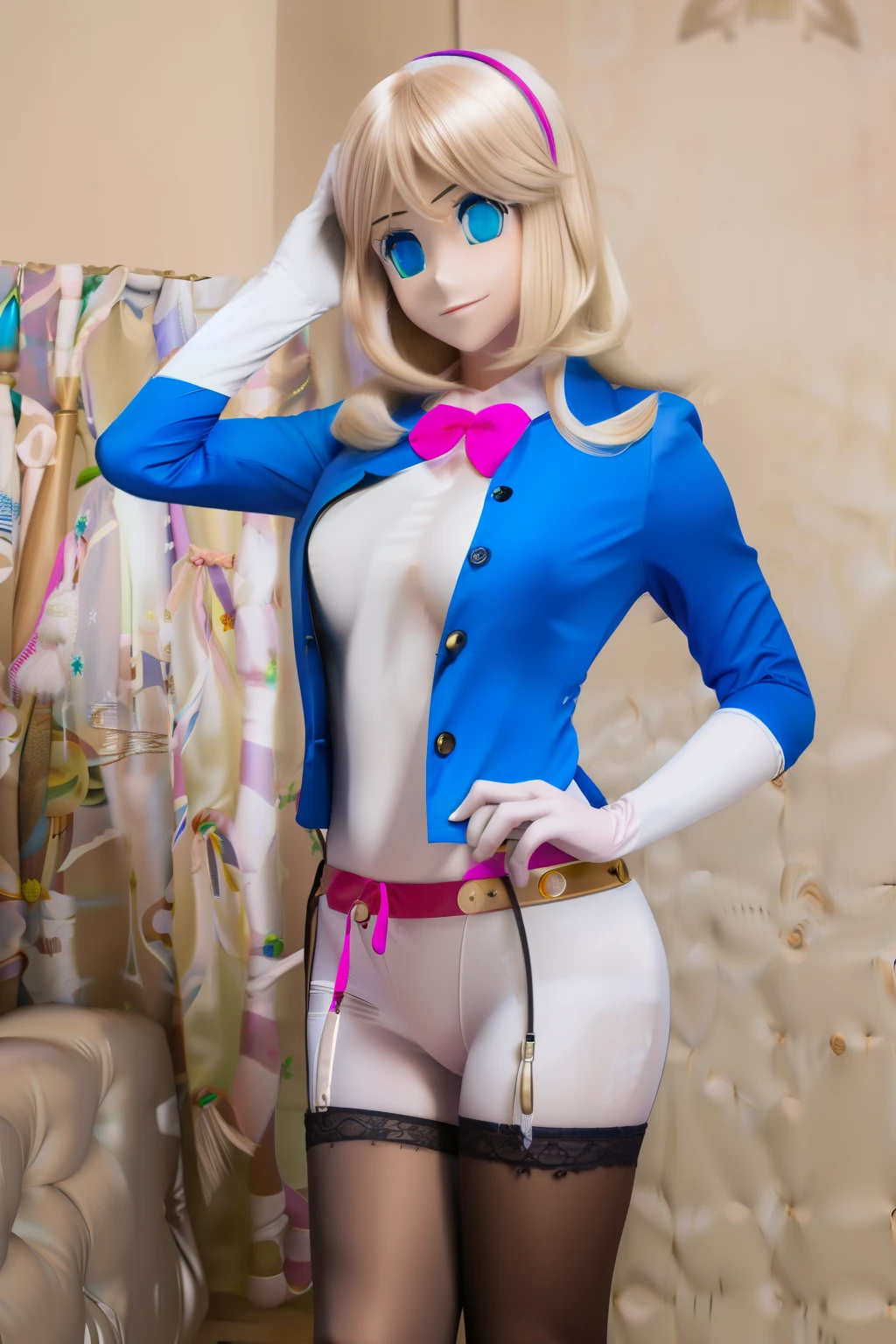 ultra high definition, highres, very detailed, animatronic housewife, blond hair, blue eyes, pink shirt, pink hairband, jeans, glowing eyes, standing erect, nsfw