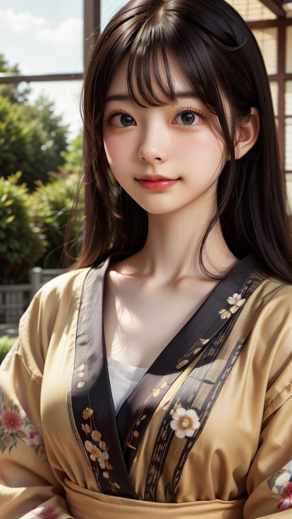 overtake high resolution, (realistic: 1.4), Raw photo, 最high quality, (Photorealistic), concentrated, soft light, (()), ((Japanese)), (front, young face))), (Depth of the bounds written), (one piece), masterpiece, (Photoreal), woman, bangs、One beautiful Japanese model, 15 years old、overtake high quality、bangs、black haired、kimono, Furisode、Japanese style floral pattern:1.5、Idol-like overtake cute face:1.4、slim and beautiful body、beautiful breasts、laughter、Full body Esbian:1.2、Enhanced dynamic perspective,cute cute beautiful girl,beautiful skin, look at me and smile,simple background,works of masters,high quality,4K resolution,overtake