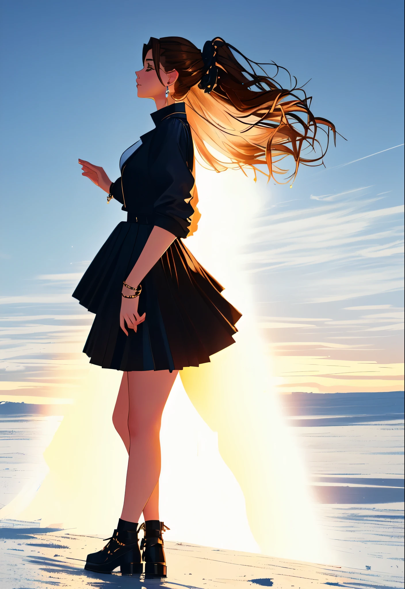 The environment is mysterious and elegant, Model, High contrast required, Jewelry, earrings, miniskirt, shirt, Jacket, brown hair, 白shirt, A bracelet, Hair Bun, single Hair Bun, long skirt, Shut up, Hoop Earrings, blue Jacket, roll up sleeves, Revealing clothes, cosmetic, White Skirt