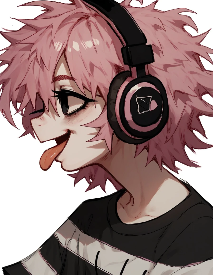 1girl, shirt grunge, sketchy lines, messy hair, pink hair, headphones, black pupils, score_8_up, score_9_up,happy, sticking out tongue, side view