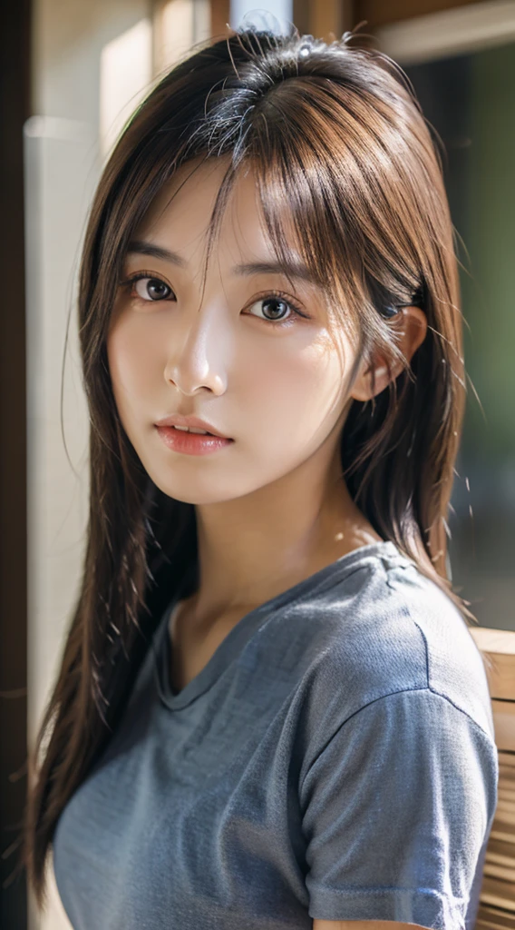Japan Girl,beautiful girlfriend,a beauty,Raw foto,8K,morning sun lighting,Gray T-shirt and jeans miniskirt,Smooth long hair,A dark-haired,A detailed face,Detailed skin,Detailed eyes,(Slim body:1.3), girl in,About 23 years old,