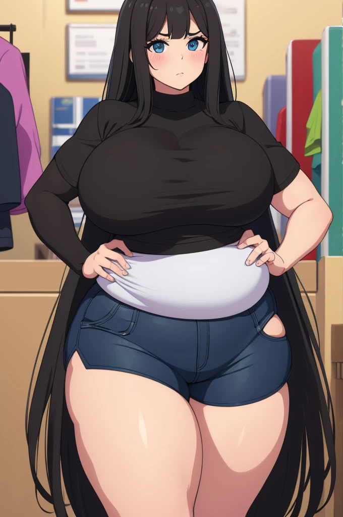 make blackhaired ssbbw fat girl in too tight shorts she's work in the magic store
