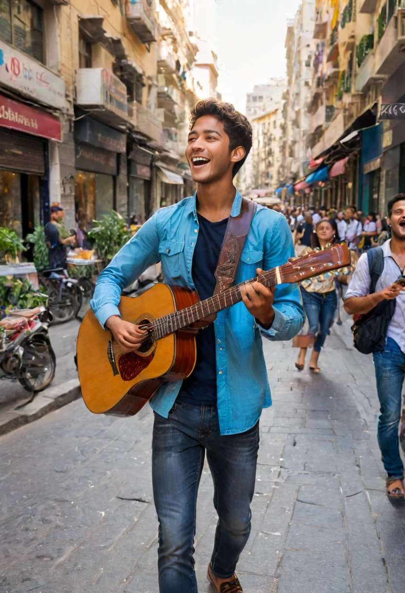 A young man carrying a guitar plays and sings on the busy streets of the city, bringing joyful melodies to passersby. His expression is full of life attitude, and the background is the bustling city streets, showcasing the prosperity of the city and the liveliness of the streets, (masterpiece, best quality, Professional, perfect composition, very aesthetic, absurdres, ultra-detailed, intricate details:1.3)