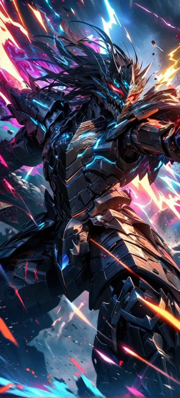 absurdres,, highres, ultra detailed, HDR, masterpiece, extremely detailed face and eyes, shinning black God Mecha armor dragon knight, Epic Mecha dragon mask,, Black hair , , solo, ,man, handsome, , , Epic fight scene, colorful splashing effect,colorful lightning effect,glowing glitters ,