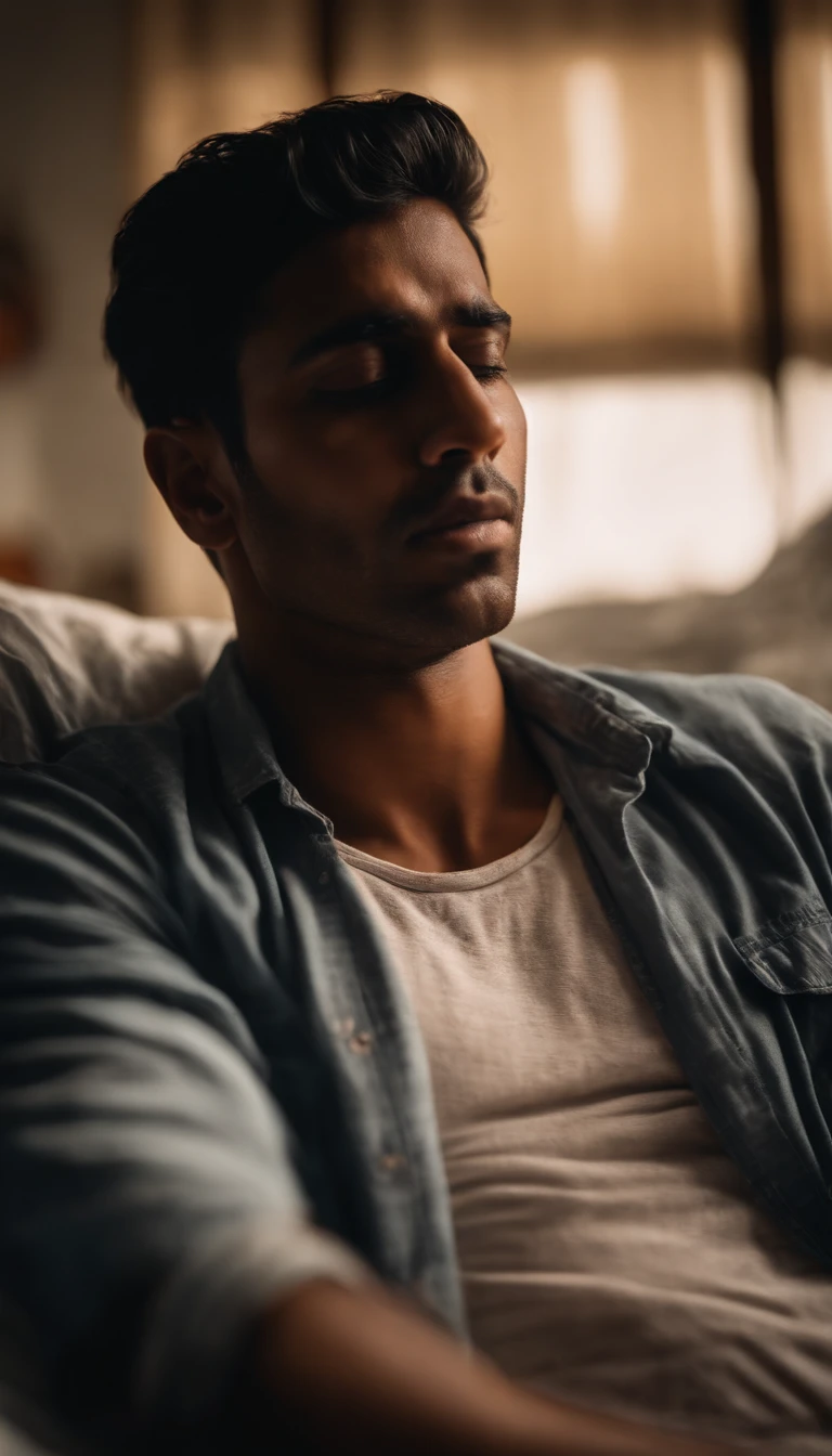 A young man who could not sleep at night because of the heat, usa, Indian, fantastic, realistic, cinematic, 8k image