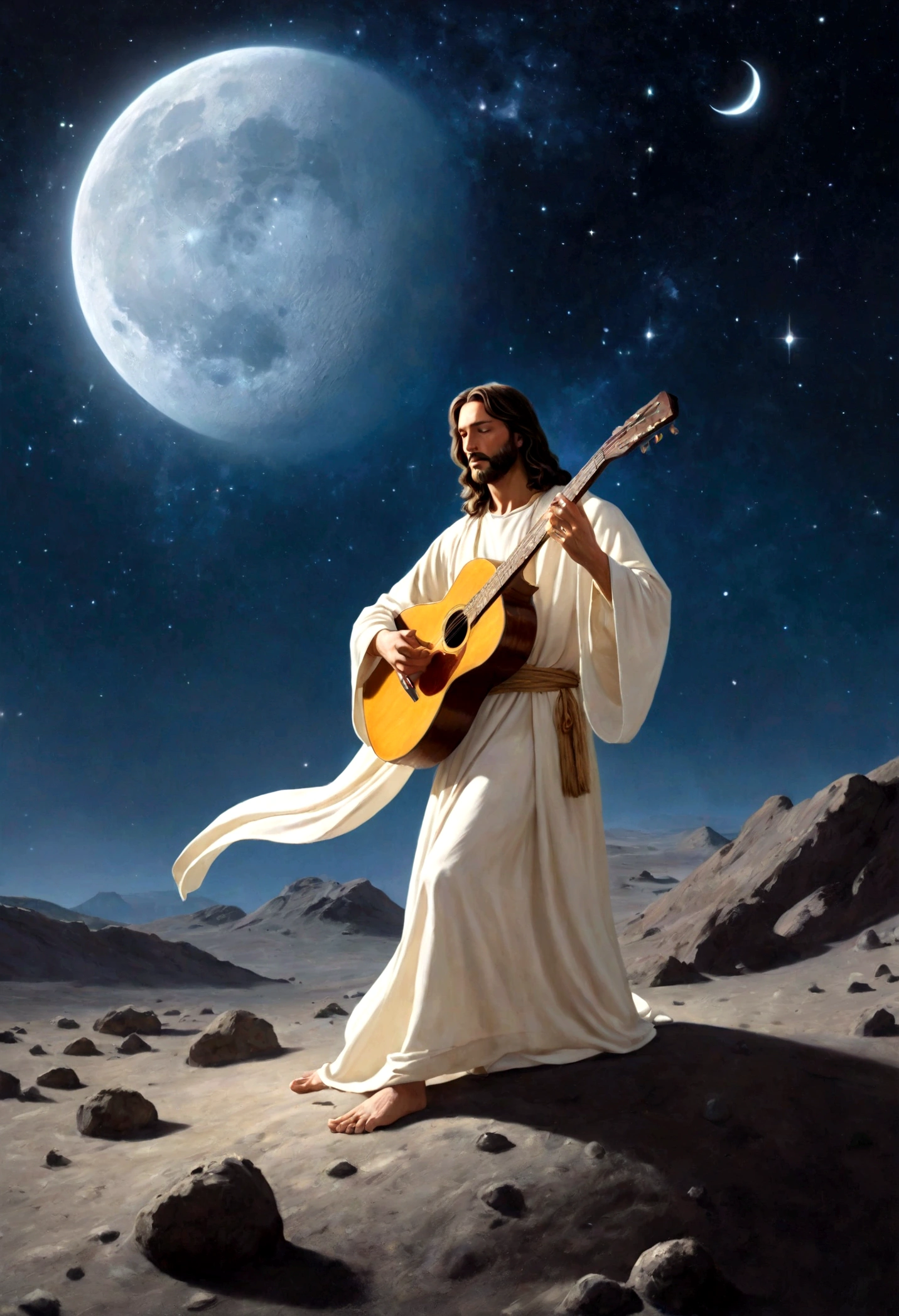 (best quality,4k,8k,highres,masterpiece:1.2),ultra-detailed,(realistic,photorealistic,photo-realistic:1.37),Jesus playing guitar on moon surface, earth in background,illuminated,ethereal,celestial,tranquil,mystical,dark sky,shimmering stars,warm golden moonlight,craters of the moon,detailed lunar landscape,silvery glow,awe-inspiring,Biblical scene,sacred atmosphere,magic of music,heavenly melodies,divine inspiration,serene expression,flowing robe,holy aura,otherworldly setting,extraterrestrial,harmonious music,magical connection,cosmic vibrations,peaceful energy,magnificent presence,spiritual journey,spiritual awakening,celestial harmony,universal connection,profound beauty,guiding light,radiant atmosphere,space odyssey,transcendental experience,stunning composition,moonlit serenade,journey through the universe