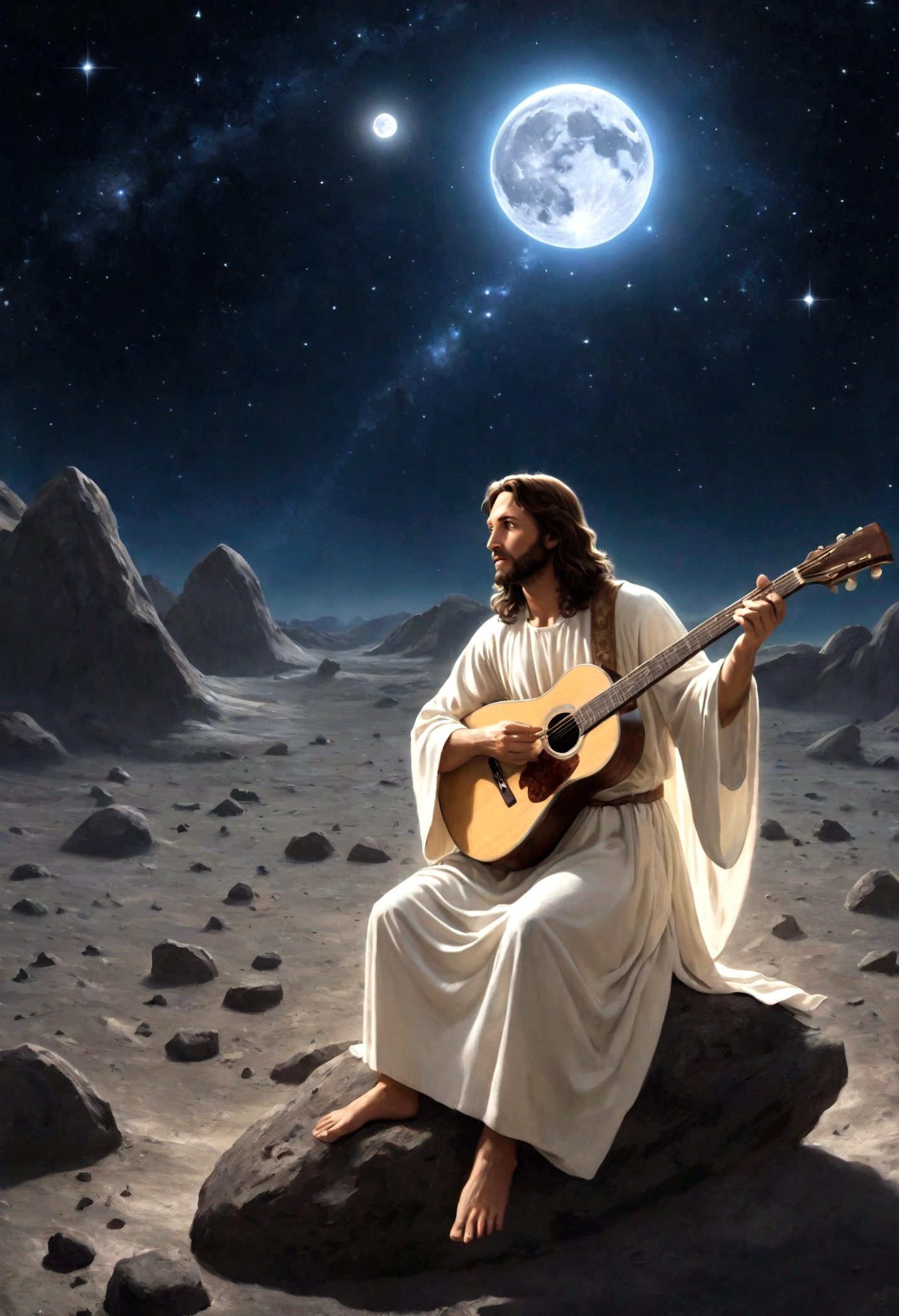 (best quality,4k,8k,highres,masterpiece:1.2),ultra-detailed,(realistic,photorealistic,photo-realistic:1.37),Jesus playing guitar on moon surface, earth in background,illuminated,ethereal,celestial,tranquil,mystical,dark sky,shimmering stars,warm golden moonlight,craters of the moon,detailed lunar landscape,silvery glow,awe-inspiring,Biblical scene,sacred atmosphere,magic of music,heavenly melodies,divine inspiration,serene expression,flowing robe,holy aura,otherworldly setting,extraterrestrial,harmonious music,magical connection,cosmic vibrations,peaceful energy,magnificent presence,spiritual journey,spiritual awakening,celestial harmony,universal connection,profound beauty,guiding light,radiant atmosphere,space odyssey,transcendental experience,stunning composition,moonlit serenade,journey through the universe
