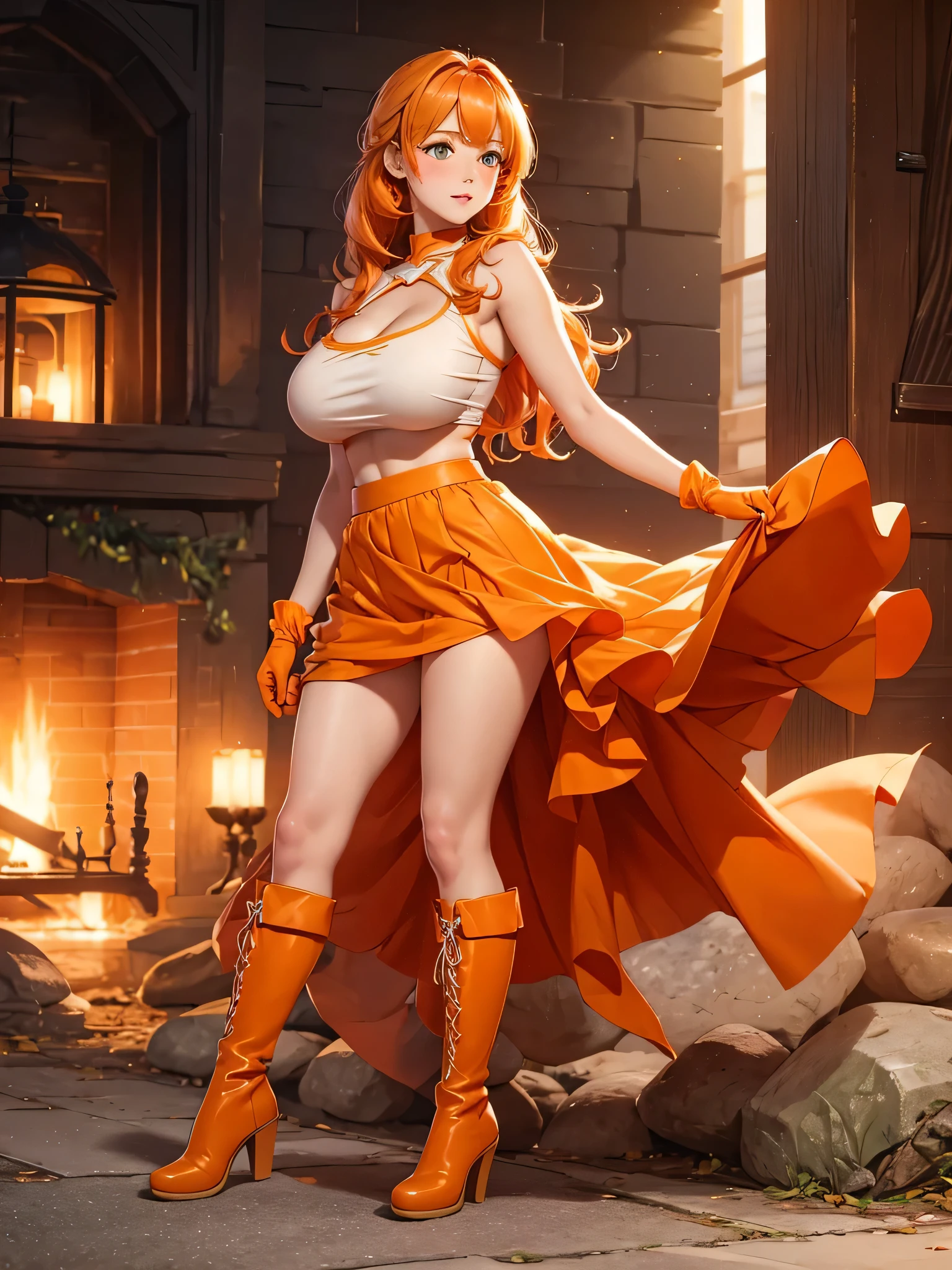 Full body, beatiful eyes, blush, cute face, realistic, 8k, best quality, masterpiece, (1 cute woman, solo: 1.1), very big breasts, long orange hair, orange crop top, orange skirt, orange gloves, orange heel boots, naked shoulders