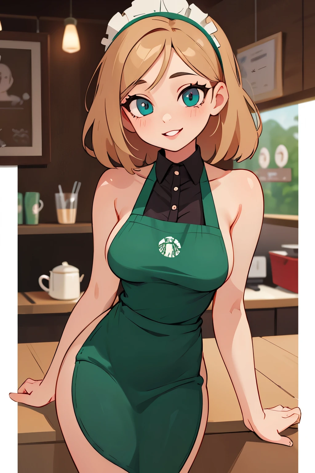 best quality, masterpiece:1.2), highly detailed, HDR, girl, 18 years old maid, (starbucks apron, naked apron: 1.2), model position, looking at the viewer, (beautiful detailed eyes, beautiful detailed lips, extremely detailed eyes and face, long eyelashes), (shapely, rounded, hourglass) body, (beautiful detailed breasts, shapely firm breasts), (shapely, toned) legs, seductive atmosphere, flirtatious look, very sexy, at the cafe, (seductive smile)