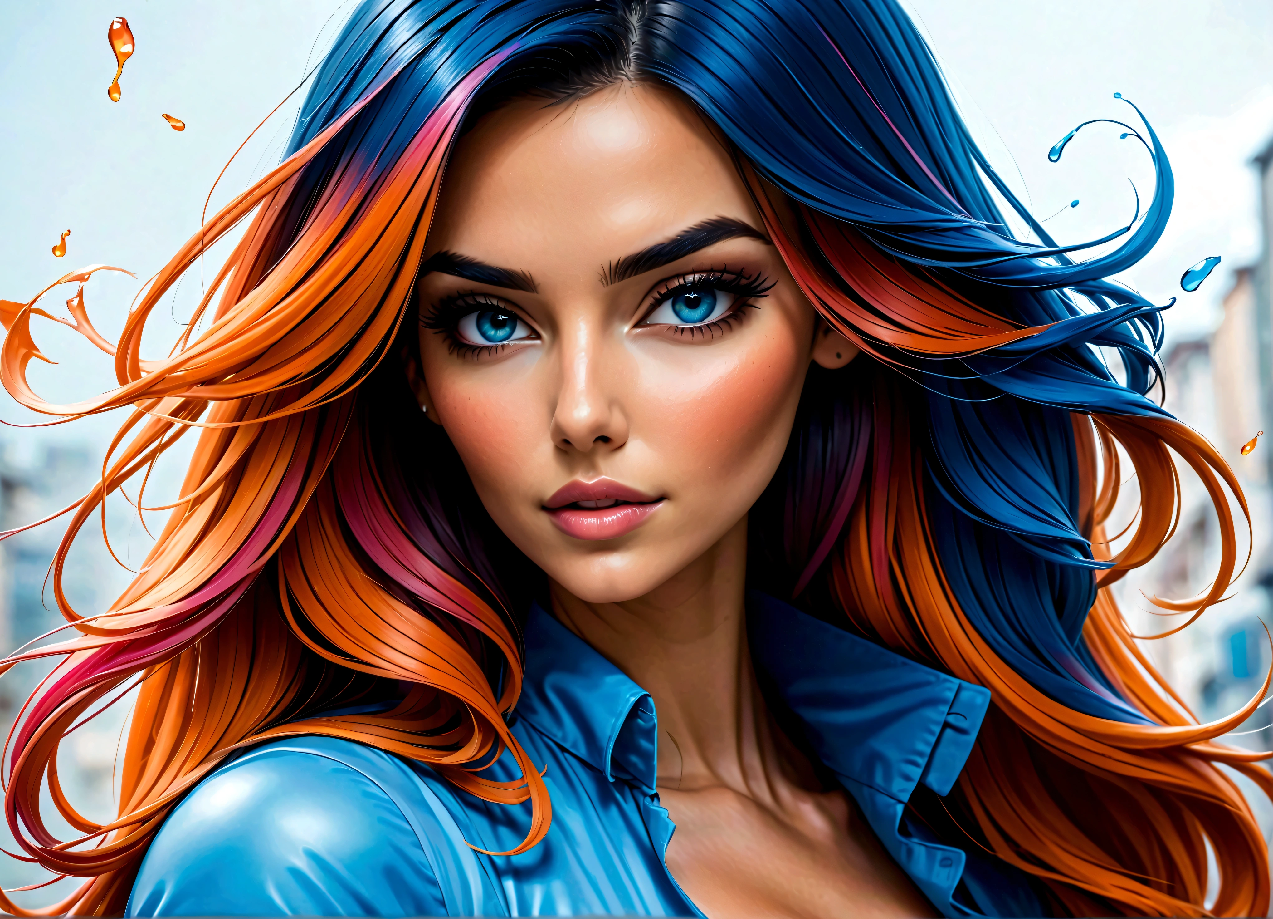 Uma linda mulher, highlighted in vibrant colors like a colored pencil drawing, tirando o cabelo do rosto. The woman is very well dressed in a mix of blue tones, rosa e laranja, com detalhes intrincados destacando suas vestes. All around her are splashes of color similar to watercolors., com flores e gotas de tintas..