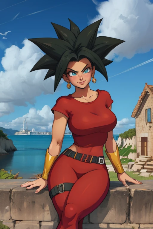 KEFLA style, 8k, hdr, ureal engine, ultra quality, big breasts  Beautiful woman, green color eyes,  sitting cross-legged, RED t-shirt, RED PANTS , long breasts,detailed realistic KEFLA costume style, BLACK hair, body,nicoledemara, , cabelo longo,  sorriso pretensioso, sorriso,  coxas, botas, decote, , , knee-length sole, single sock, single thigh height, meias, thigh strap, coxas,  outdoors, cidade, sky, nuvens, sol, buildings, (Obra de arte:1.2), melhor qualidade, high resolution, (lindos olhos detalhados:1.6), rosto extremamente detalhado, perfect lighting,, (perfect hands, Anatomia perfeita),