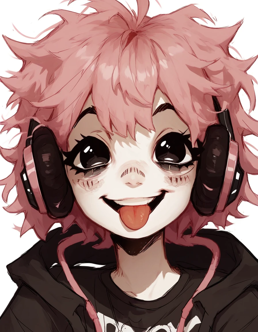 1girl, shirt grunge, sketchy lines, messy hair, pink hair, headphones, black pupils, score_8_up, score_9_up,happy, sticking out tongue