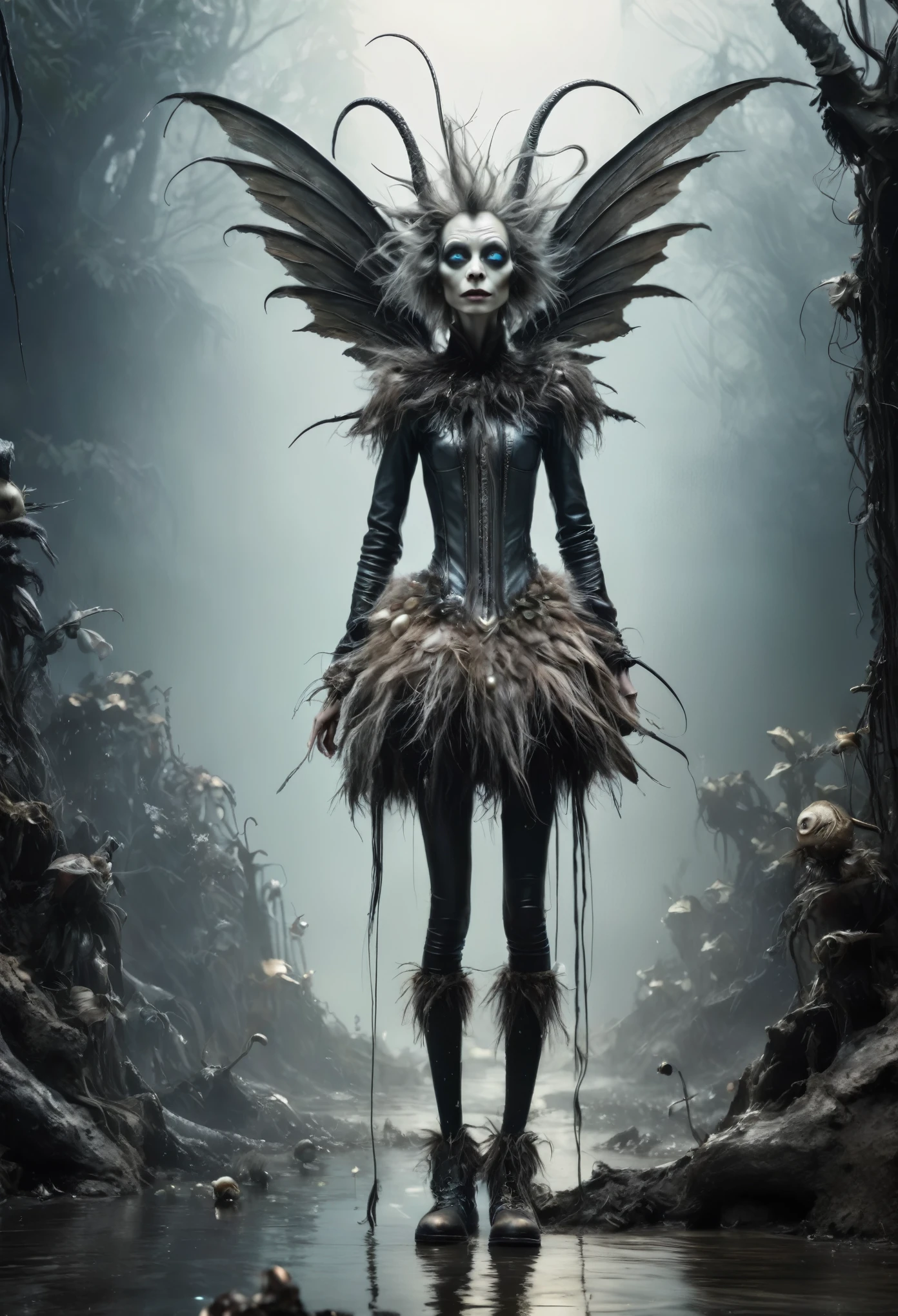full-body-shot,Very tall pearl fairy, who can't fly,Cinematic,Muted colors, Technicolor,natural skin textures, hyper realisitc, hyper detailed,Extremely detailed,High contrast,Masterpiece,Realistic,Ultra Detailed,mother-of-pearl leather,Quentin Blake Style Photography, wlop,full body length,once pretty,full body,bailong plant Caribbean sparas made of dead charcoal plants,charcoal Alien Krampus,ominous winter landscape, 
intricate details,realistic humid skin,extremly intricate,Epic Realistic, Romantic, cinematic style,irina yermolova,Nicola Samori,Wangechi Quality,orc, messy hair,urban,luminous eyes,extremely detailed,
[night landscape],masterpiece,intricate details,faded,eyes extremely detailed,
high detailed eyes,4k resolution,RAW, Nikon Z9