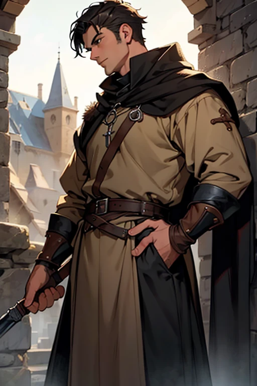 A handsome serious male hunter in medieval times with jet-black short hair and hazel-brown eyes with a pet black wolf
