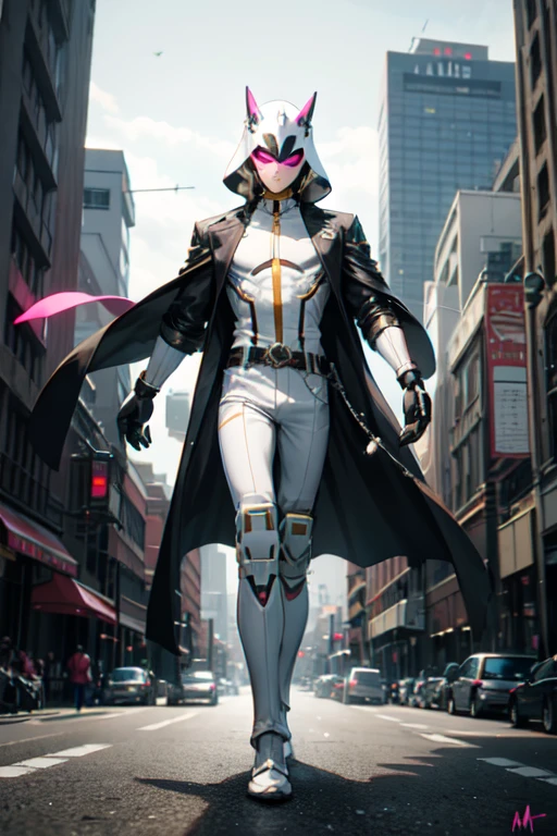 ((best quality)), ((masterpiece)), (detailed), 1 boy in a trench coat standing on a building, full body, 19 years old, masked, white mask covering his entire head, black goggles, black face mask, tall and slender, very thin, long beige trench coat, open trench coat showing his chest, black fingerless gloves, white wristbands, white suit, completely white chest, luminous pink "I" letter emblem on the chest, letter I, black pants, white knee pads, metallic white shoes, superhero belt, nanotechnology in the air, flying on a building, city background, animeime